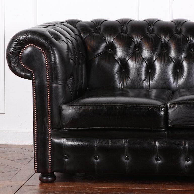 Victorian English Button Tufted Black Leather Sofa