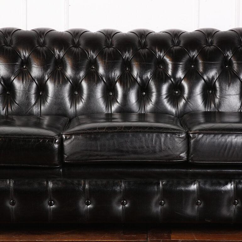 English Button Tufted Black Leather Sofa 1