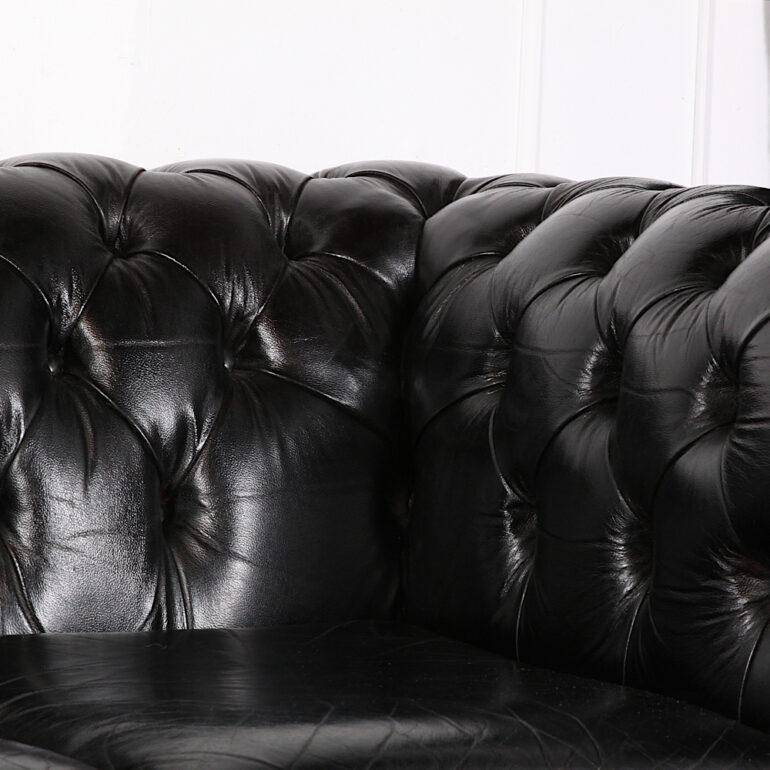 English Button Tufted Black Leather Sofa 2