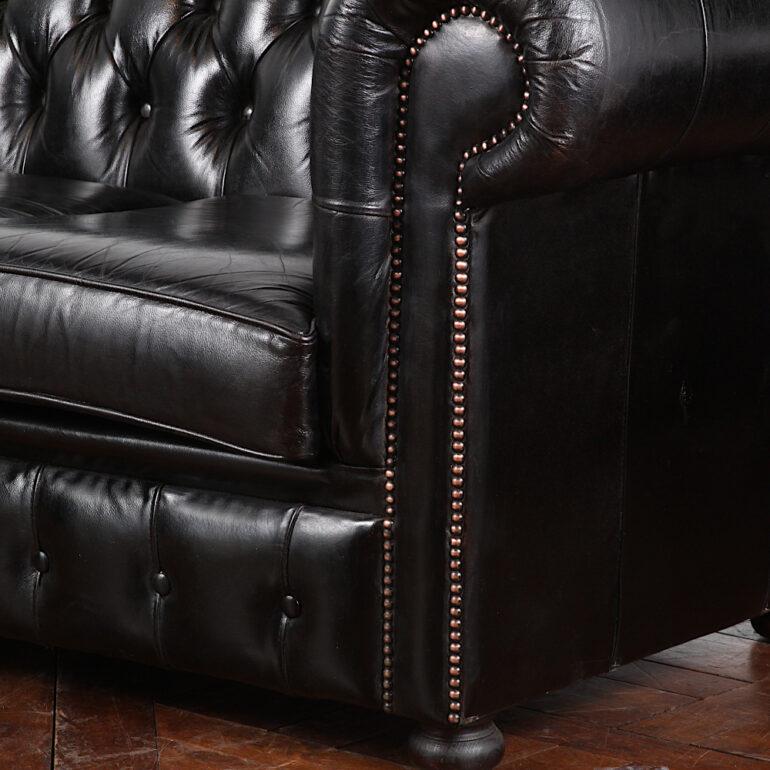 English Button Tufted Black Leather Sofa 4