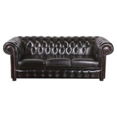 Vintage English Button Tufted Black Leather Sofa