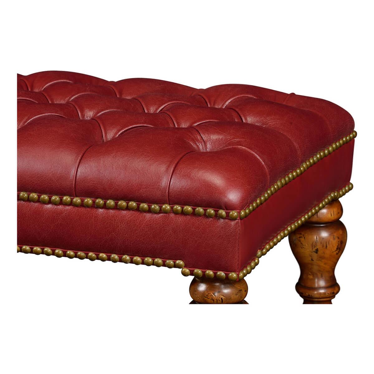 Chesterfield English Button Tufted Leather Footstool