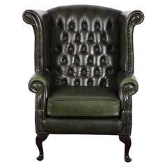 English Button Tufted Leather Wingback Armchair 