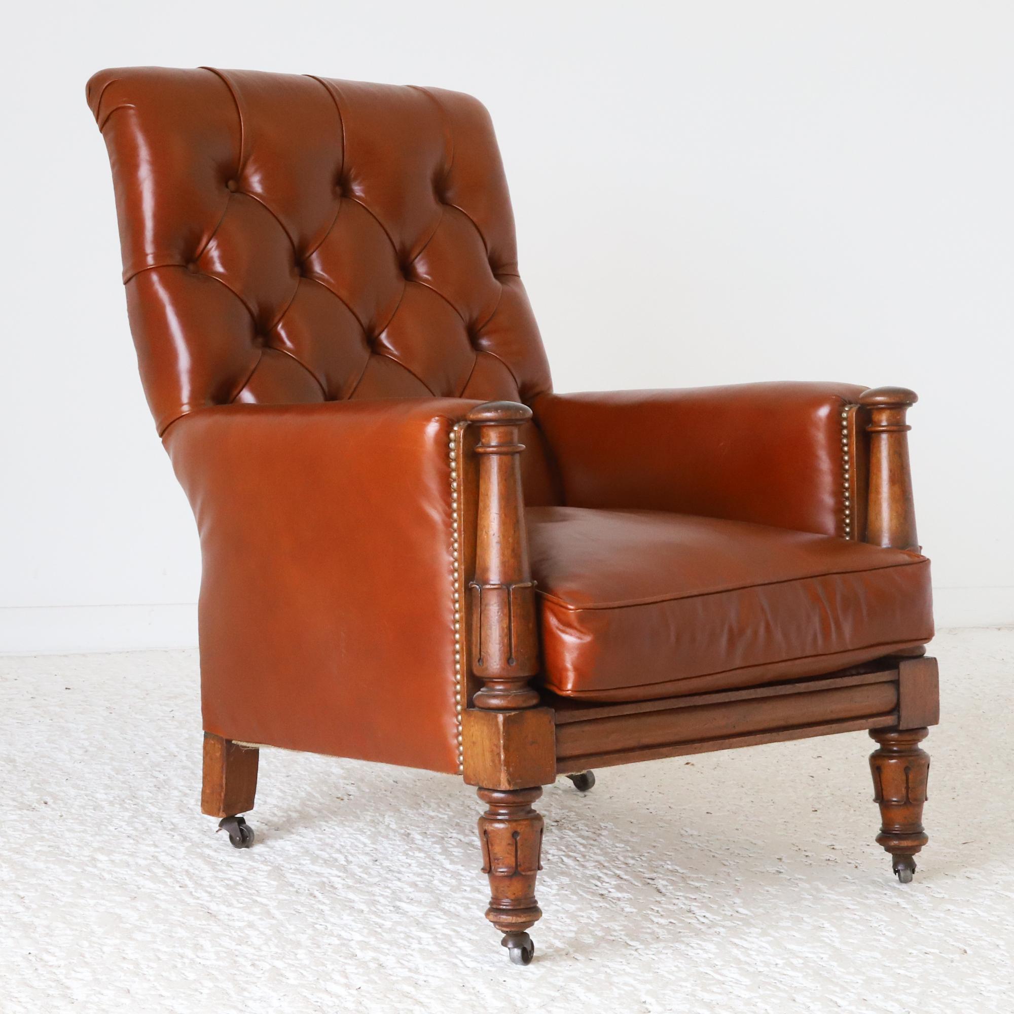 19th Century English c. 1830 Mahogany William IV Library Chair reupholstered in tan leather  For Sale