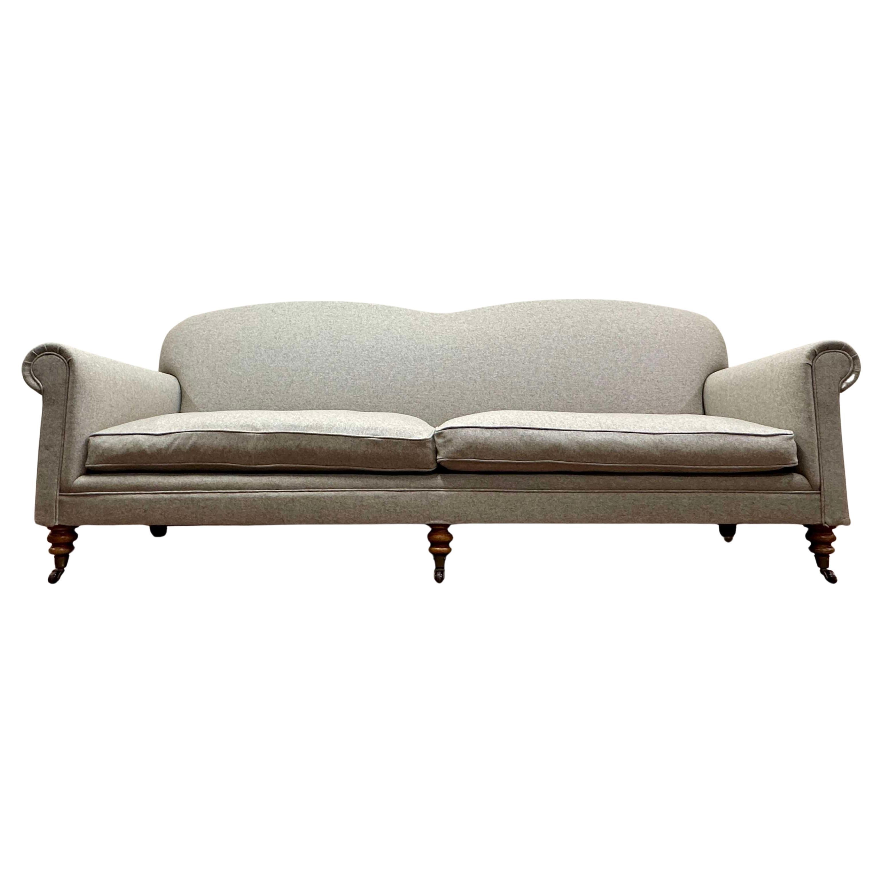English C 1900 Camel Back Upholstered Sofa For Sale