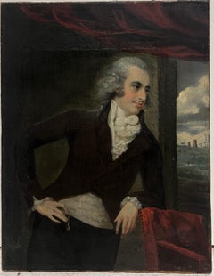 Fine Georgian Oil Painting English Portrait Naval Sea Captain at Sea with Ships