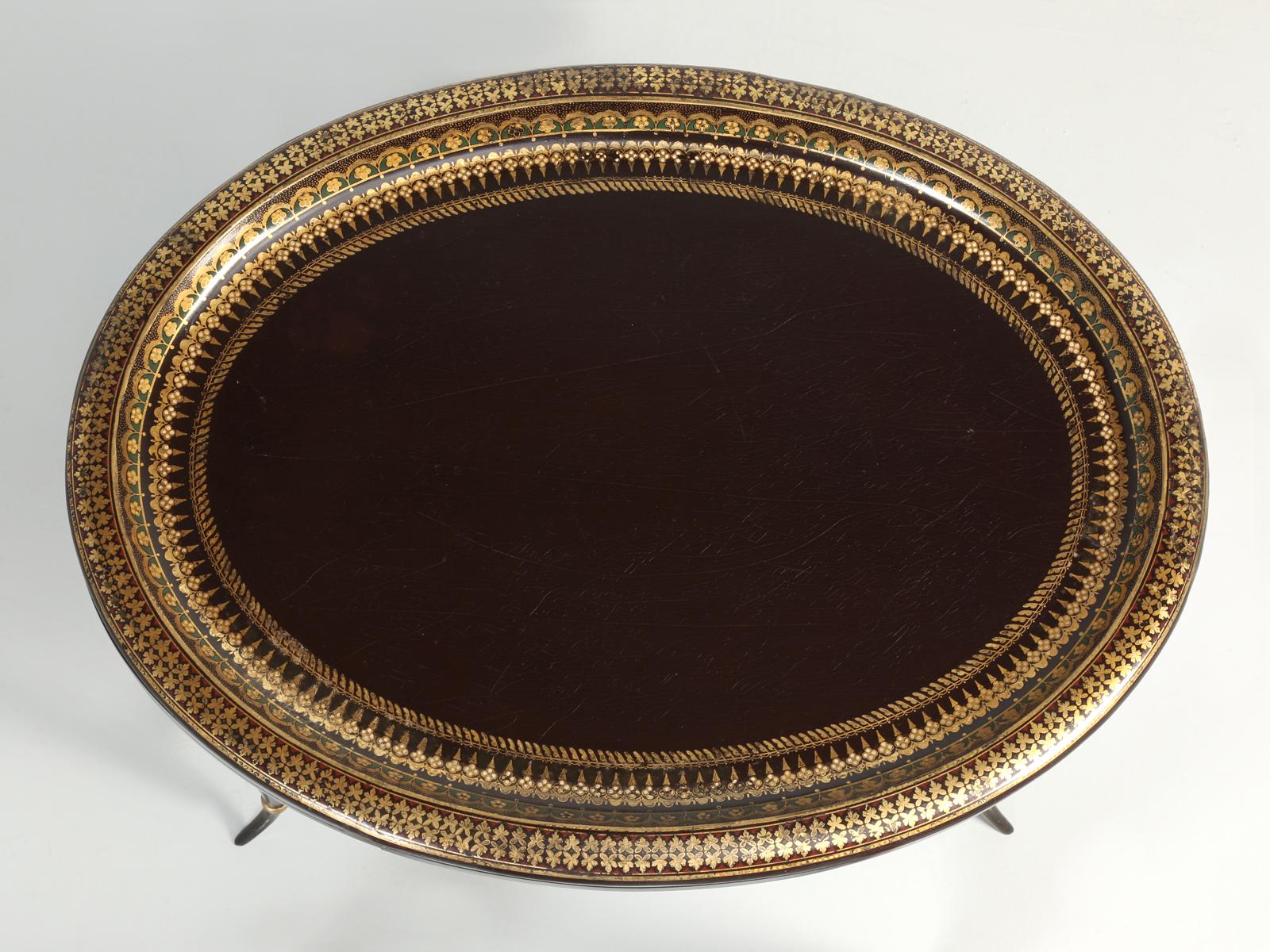 Hand-Crafted English circa 1800s Black Lacquered Papier Mâché Tray on Stand Mappin Brothers