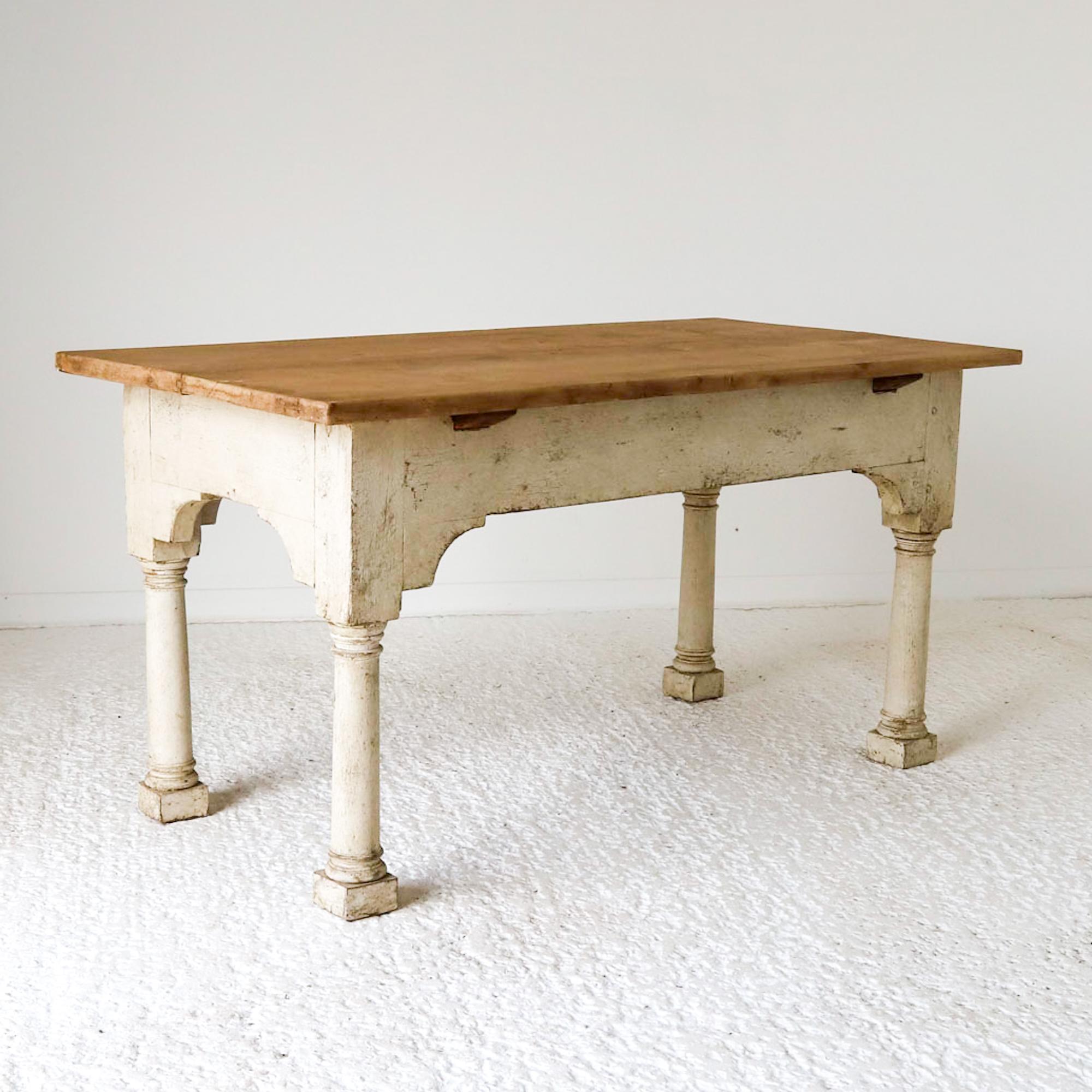 This is such a pleasing English circa 1880 Lutyens Style Country House Kitchen Pantry/Preparation or Serving Table in its original condition.  It is  finished in the round with a removable scrub top in Pine; the Oak base has a four column form leg