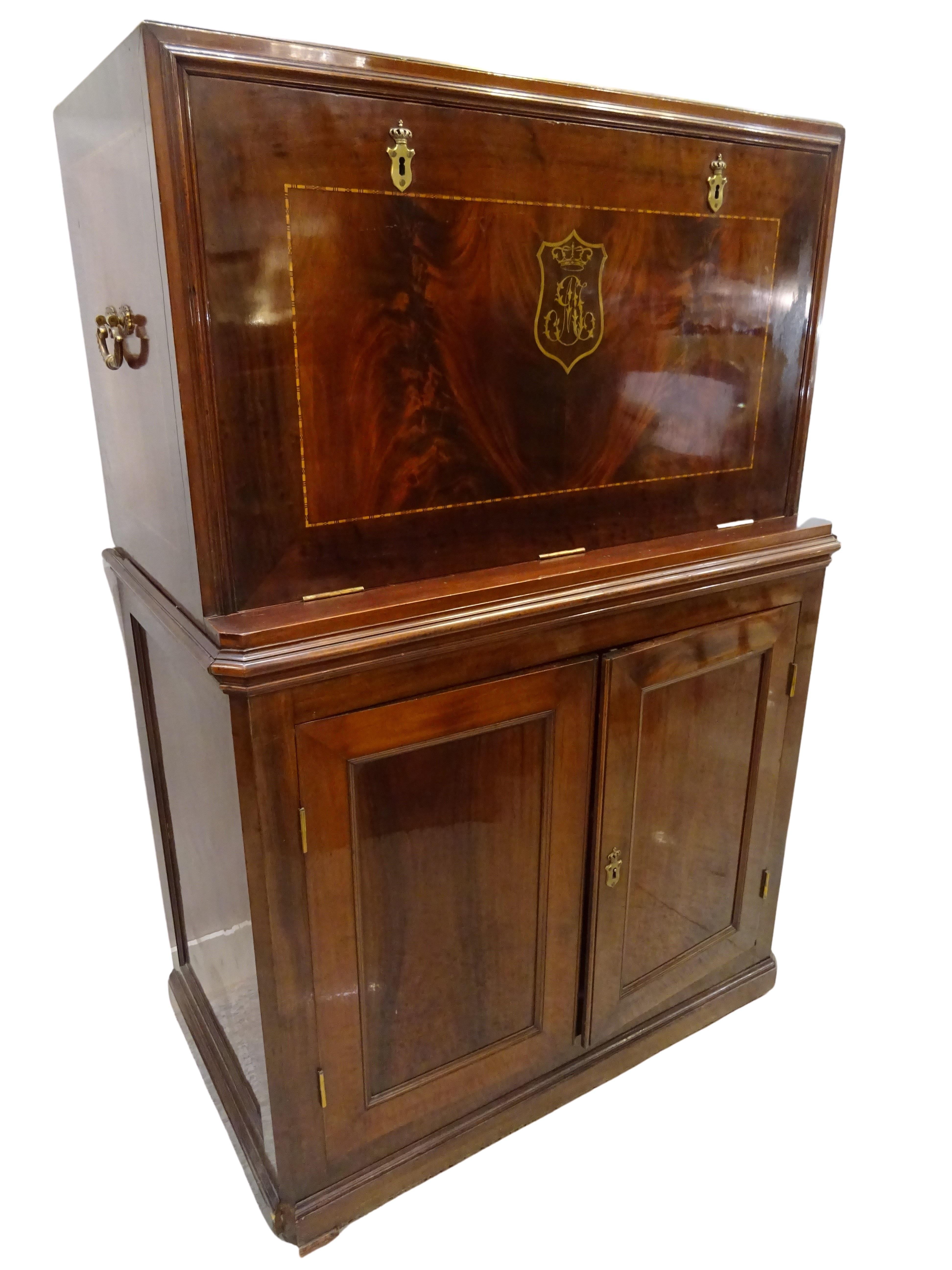 Outstanding and extraordinary piece of furniture!!! Cabinet in solid wood and bronces with the real Spanish crown and brass initials inlaid of Dº Juan de Borbon y Battenberg and Dª María ,and framed in the royal crown. It has two parts, top with a