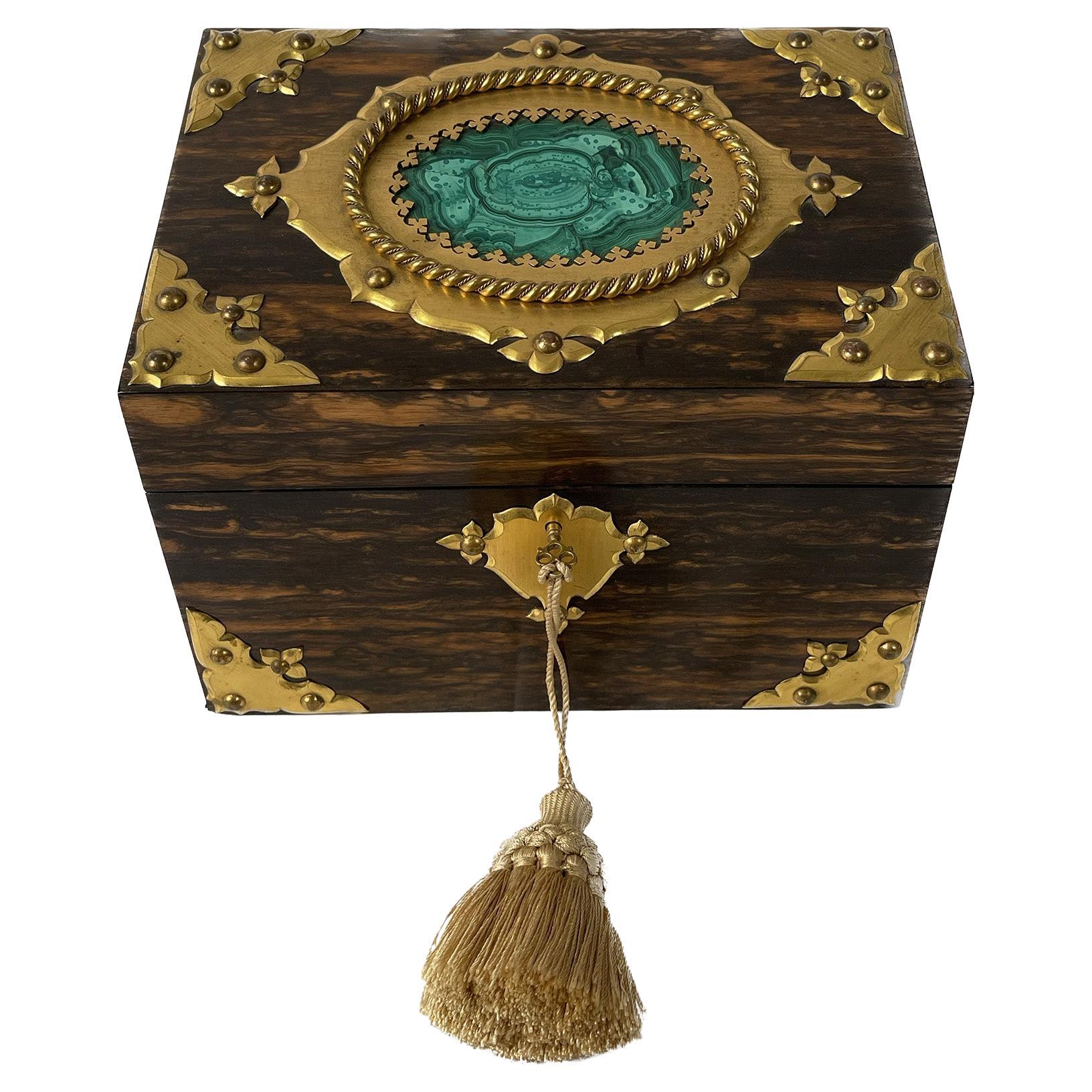 English Calamander Filing Box with Malachite and Brass Fittings For Sale