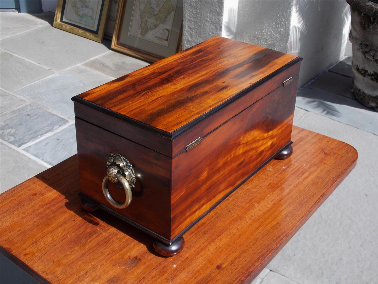 English Calamander Hinged Tea Caddy with Flanking Brass Floral Handles, C. 1800 For Sale 5