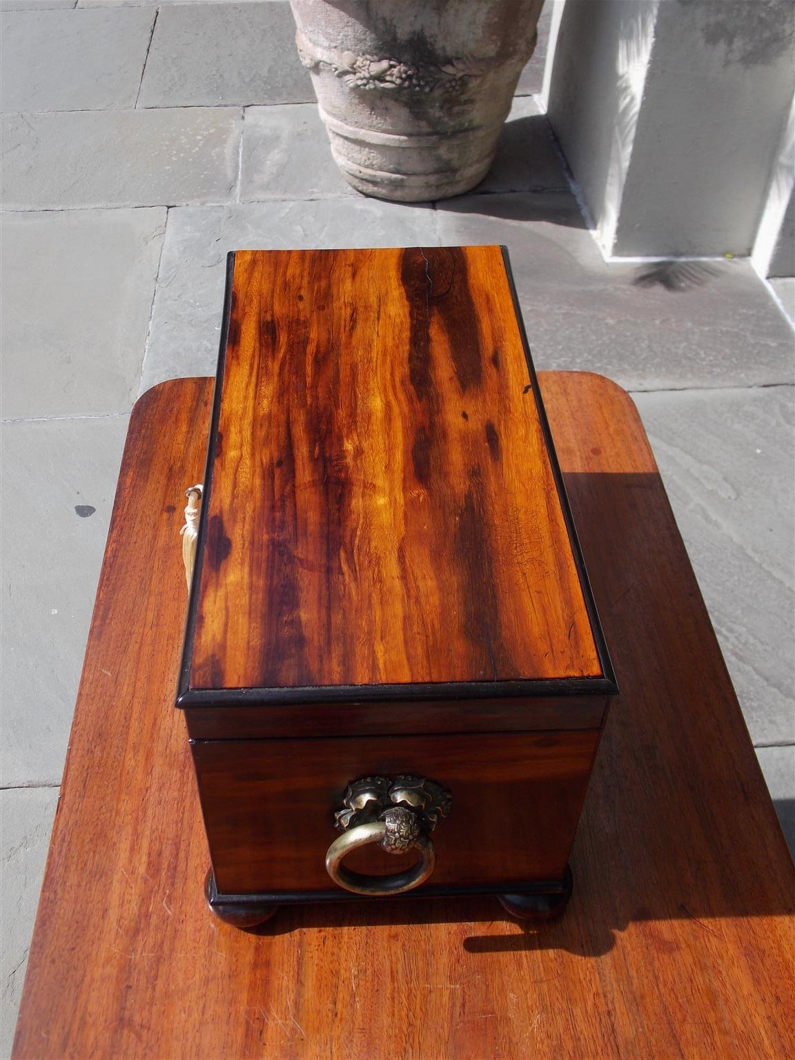 George III English Calamander Hinged Tea Caddy with Flanking Brass Floral Handles, C. 1800 For Sale