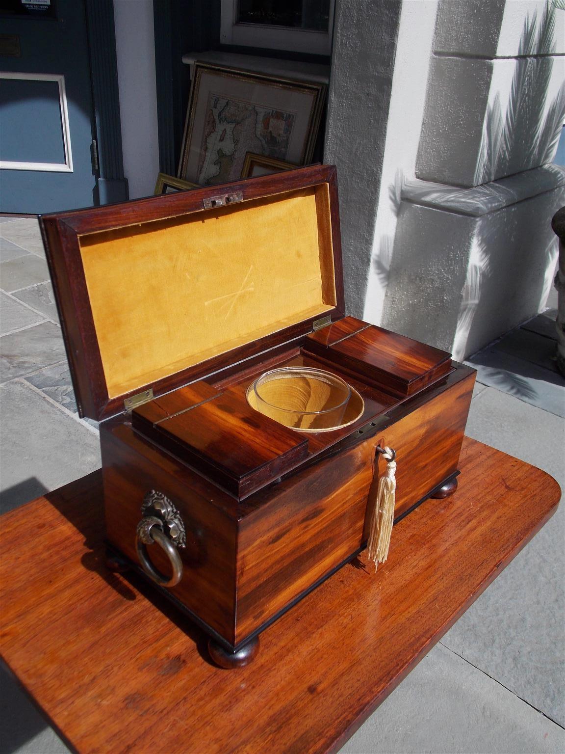 English Calamander Hinged Tea Caddy with Flanking Brass Floral Handles, C. 1800 In Excellent Condition For Sale In Hollywood, SC