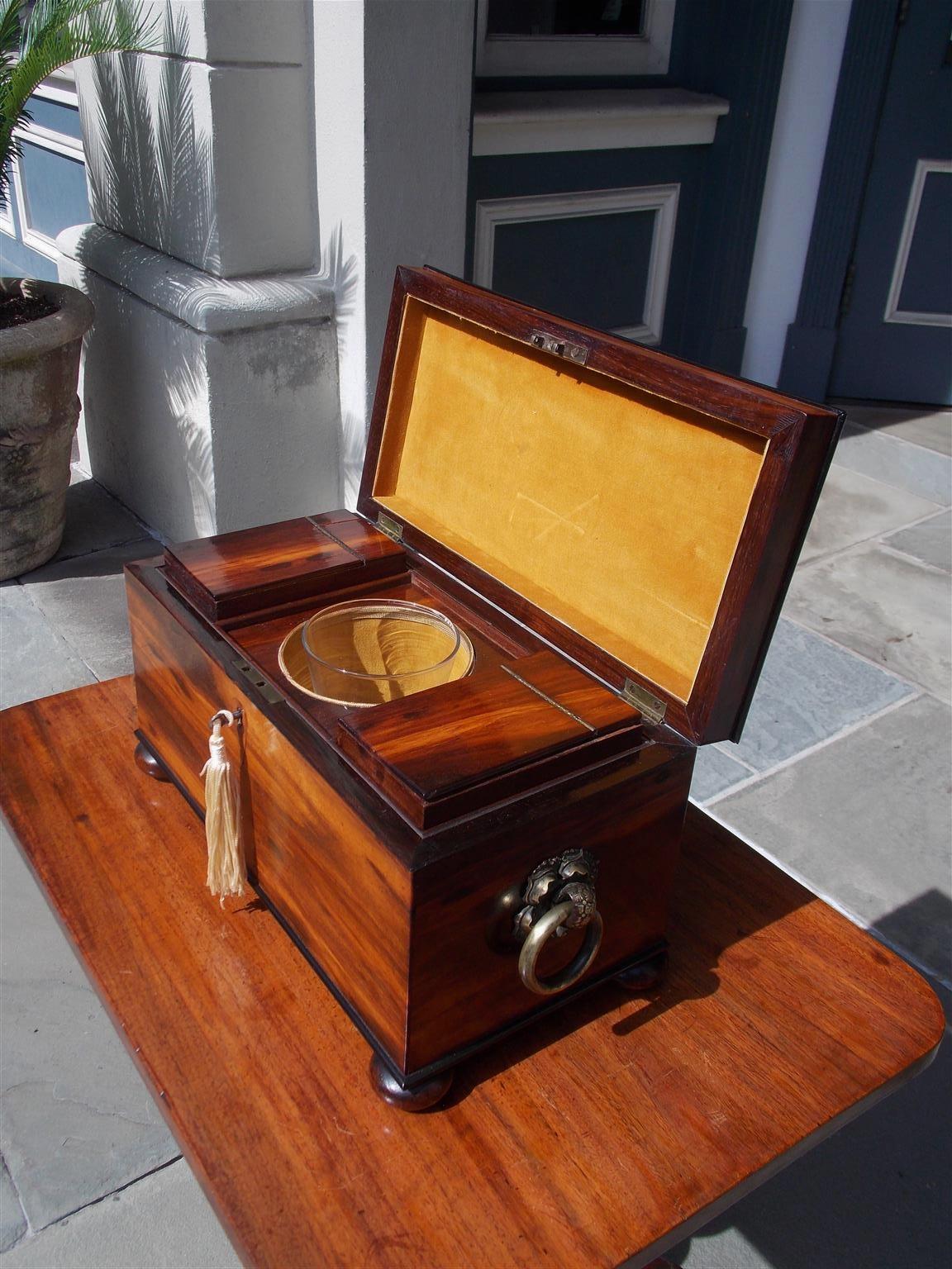 Early 19th Century English Calamander Hinged Tea Caddy with Flanking Brass Floral Handles, C. 1800 For Sale