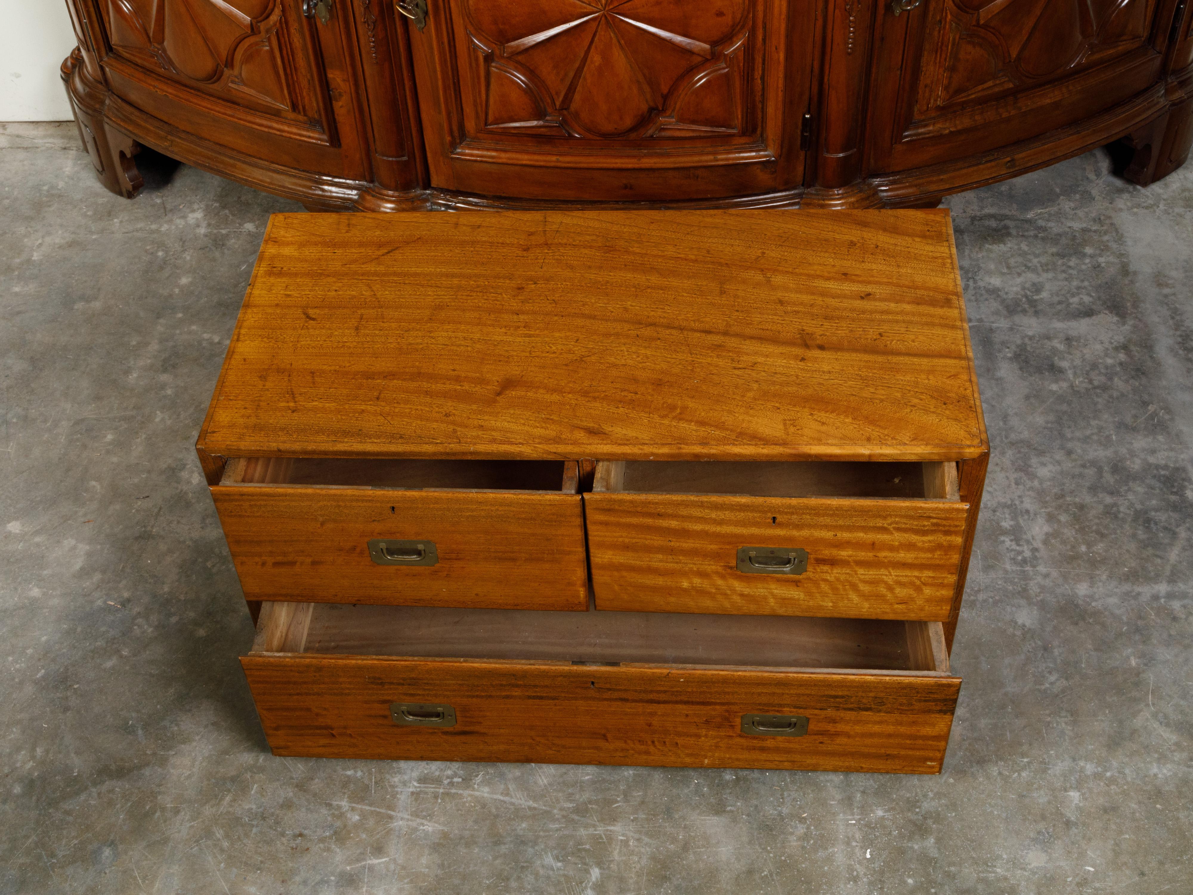 English Campaign 19th Century Camphor Wood Low Chest with Inset Brass Hardware In Good Condition For Sale In Atlanta, GA