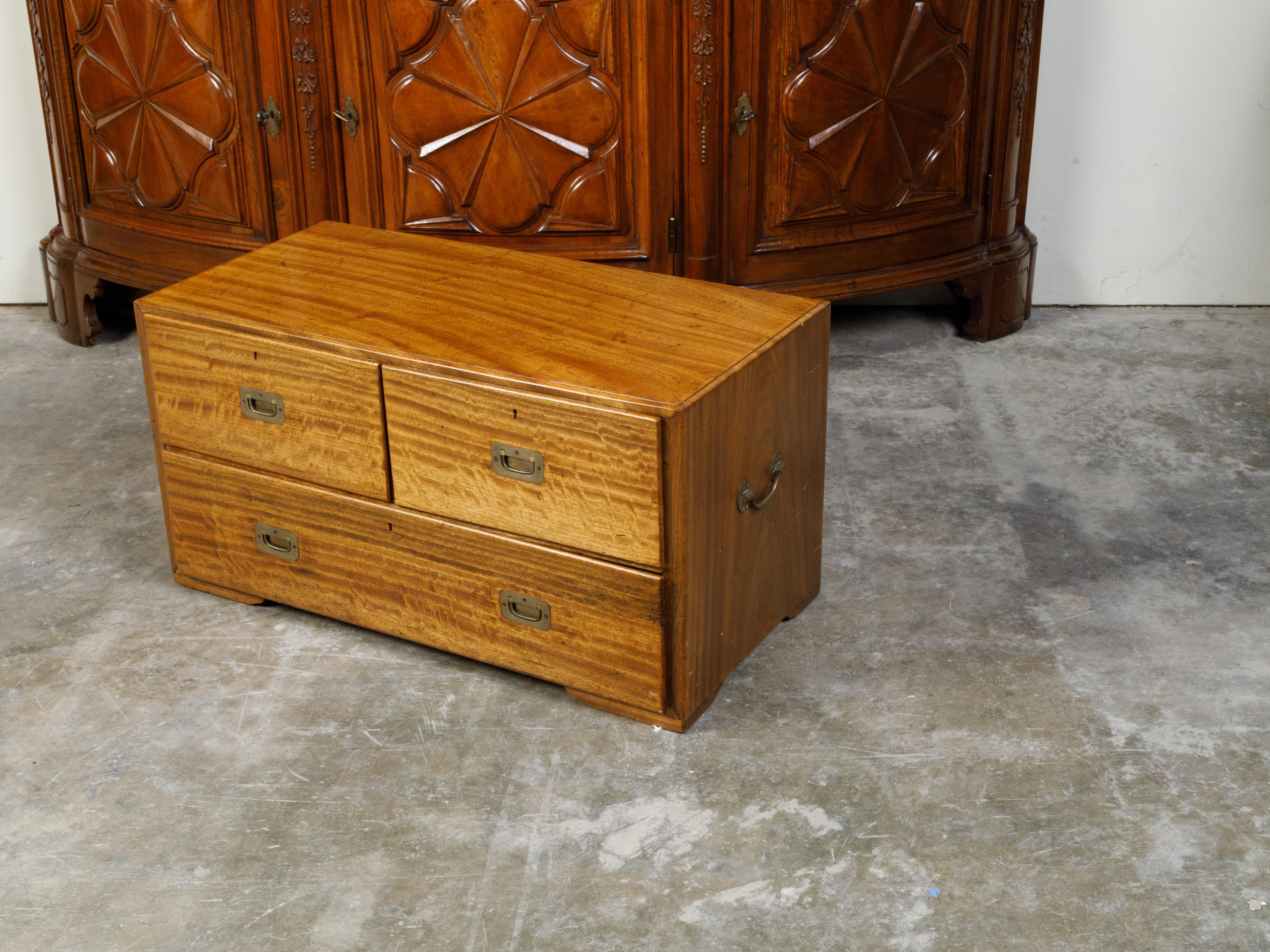 English Campaign 19th Century Camphor Wood Low Chest with Inset Brass Hardware For Sale 1