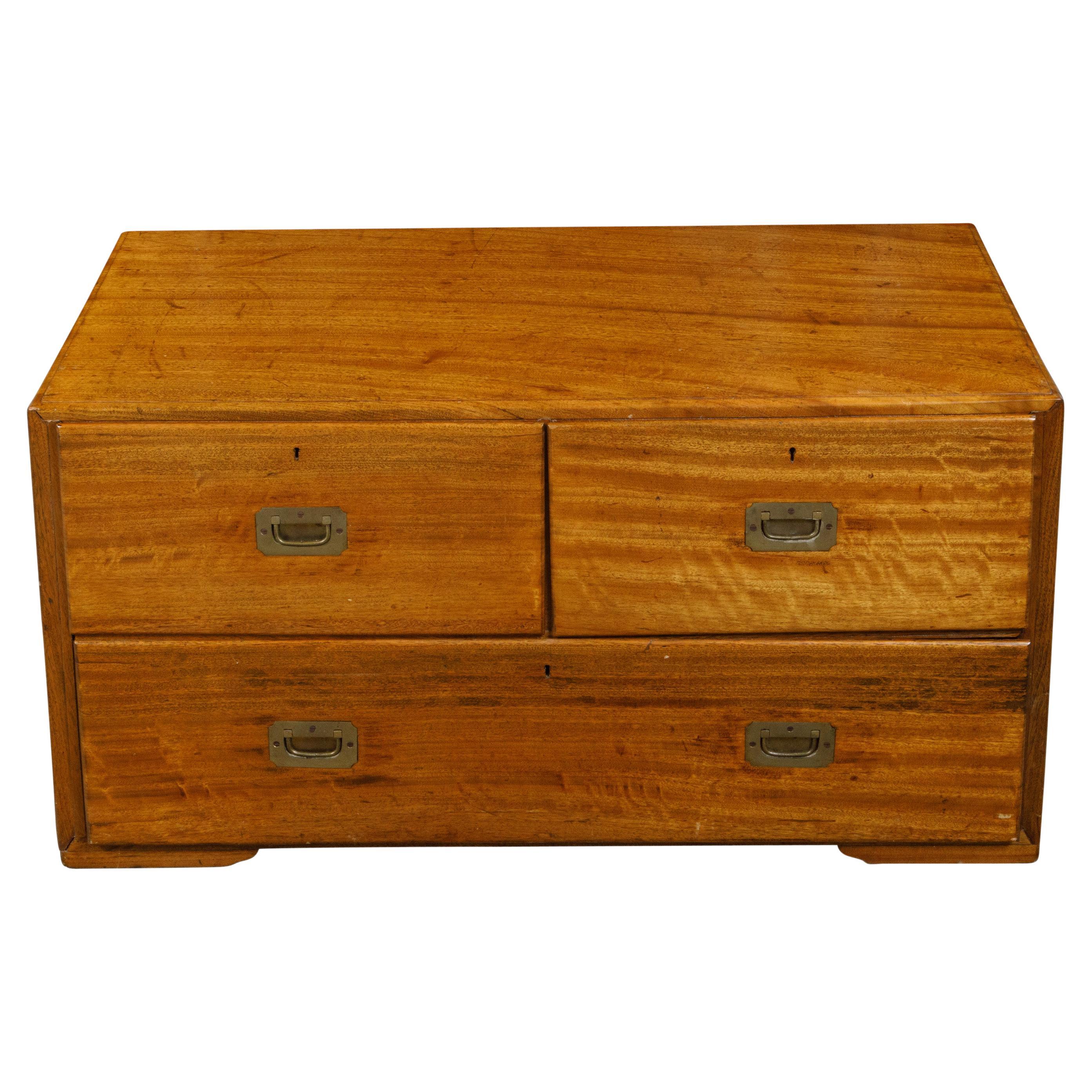 English Campaign 19th Century Camphor Wood Low Chest with Inset Brass Hardware