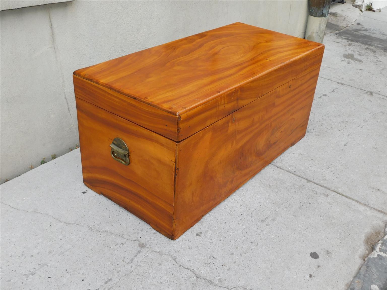 English campaign camphor wood hinged trunk with a fitted interior removable shelf, flanking brass keyhole escutcheons, interior locks, and retains the original brass side mounted handles, Early 19th Century
