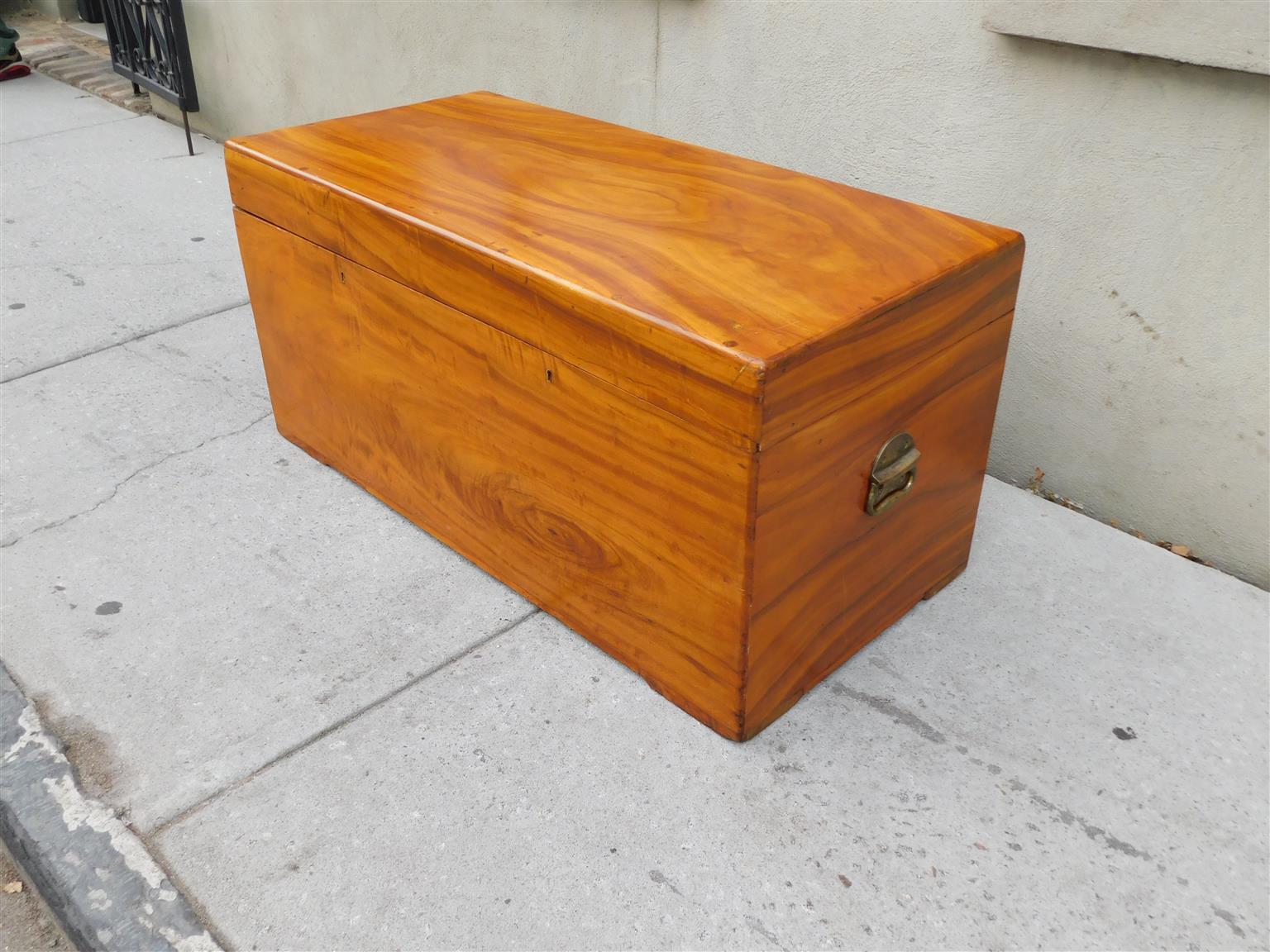 Hand-Carved English Campaign Camphor Wood Hinged Trunk with Orig. Brass Side Handles, C 1820 For Sale