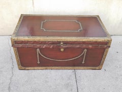 English Campaign Camphor & Oxblood Leather Brass Banded Military Trunk, C. 1815