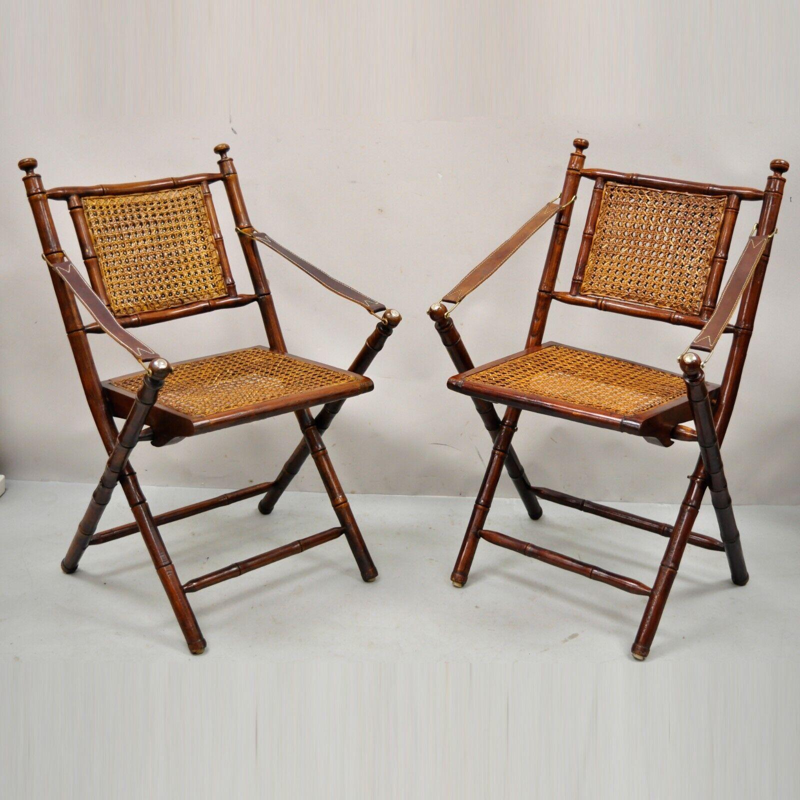 English Campaign Carved Wood Bamboo Folding Sling Arm Chairs with Cane - a Pair 8
