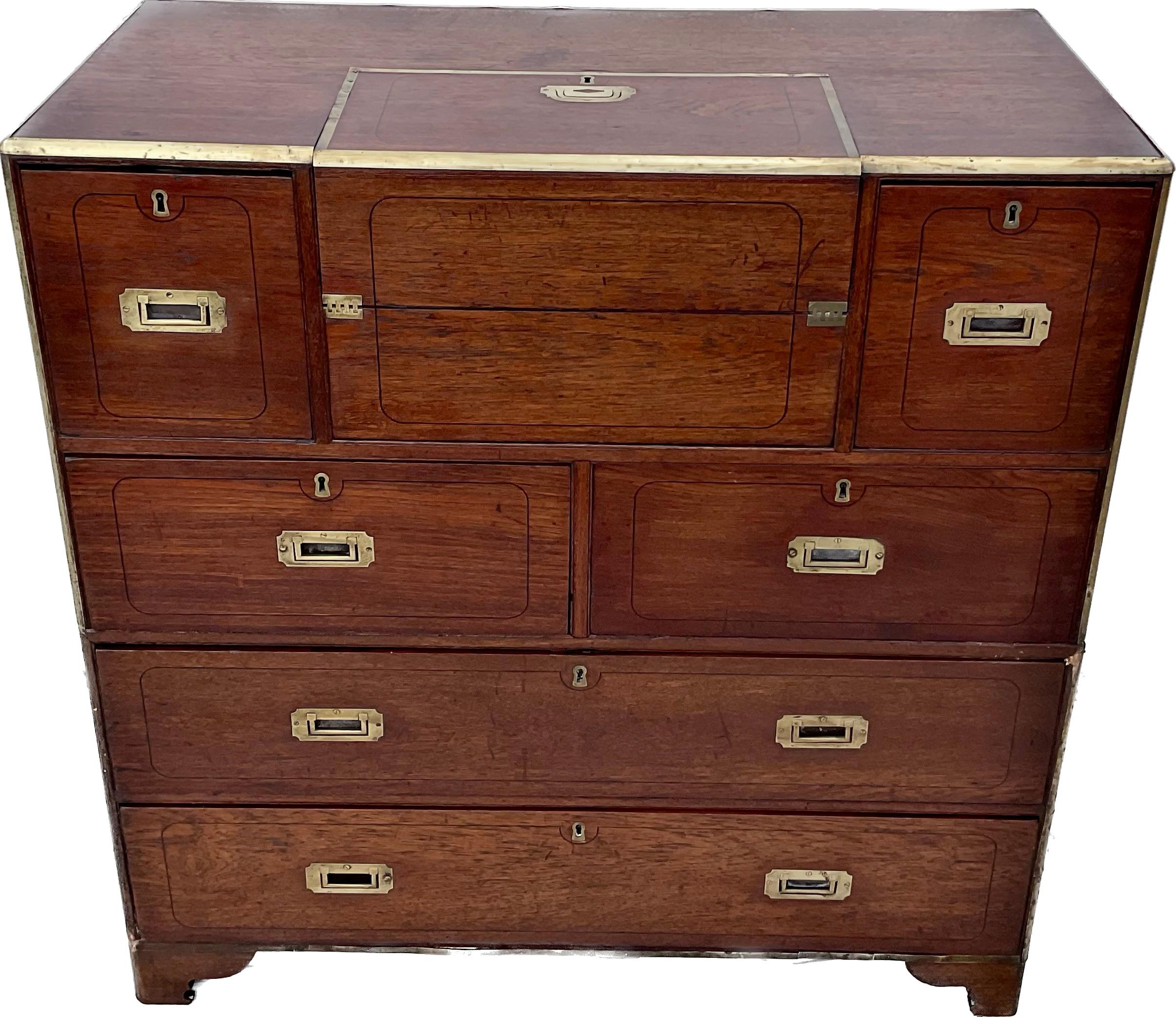 English Campaign Chest With Integrated Writing Desk In Good Condition For Sale In Bradenton, FL