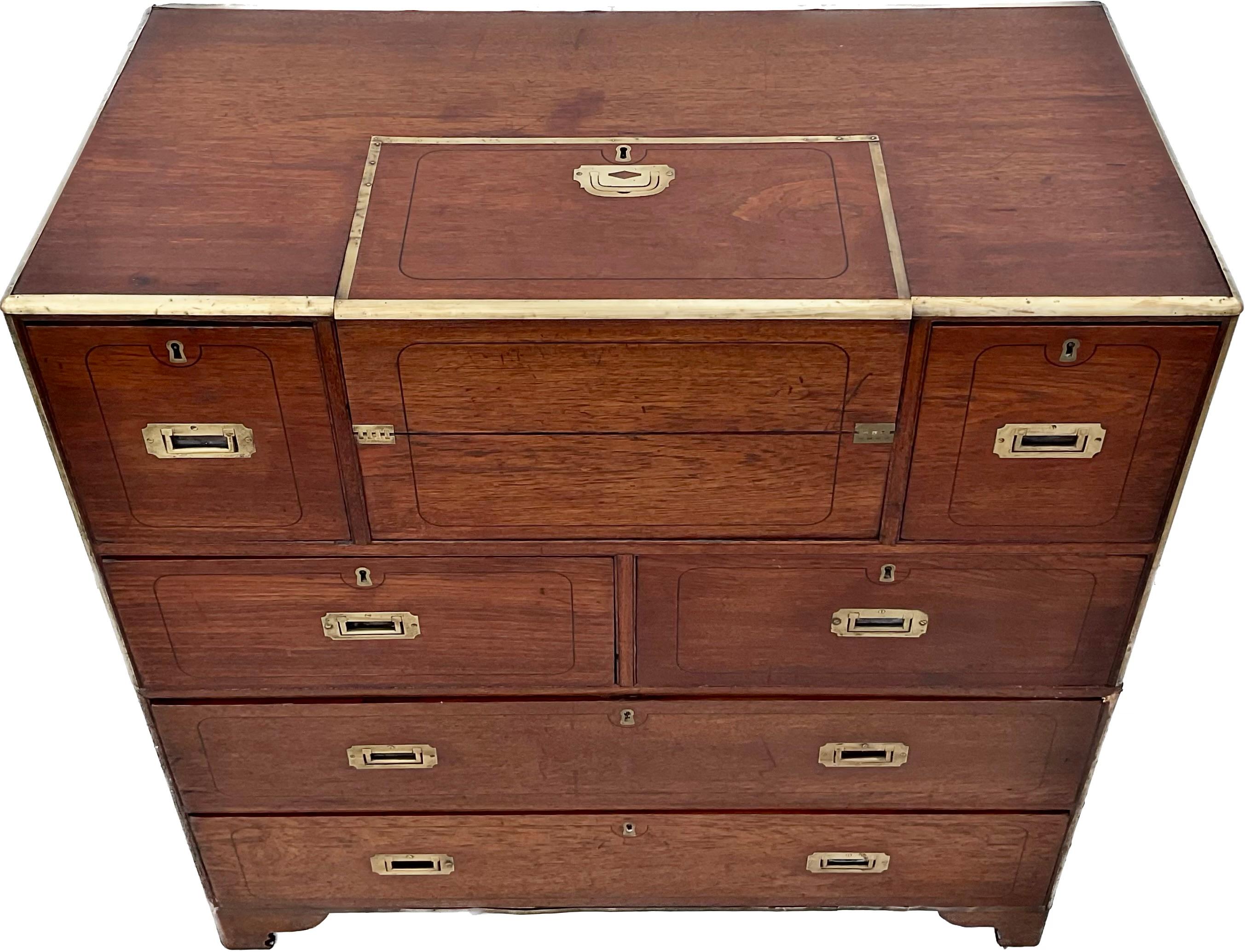 Wood English Campaign Chest With Integrated Writing Desk For Sale