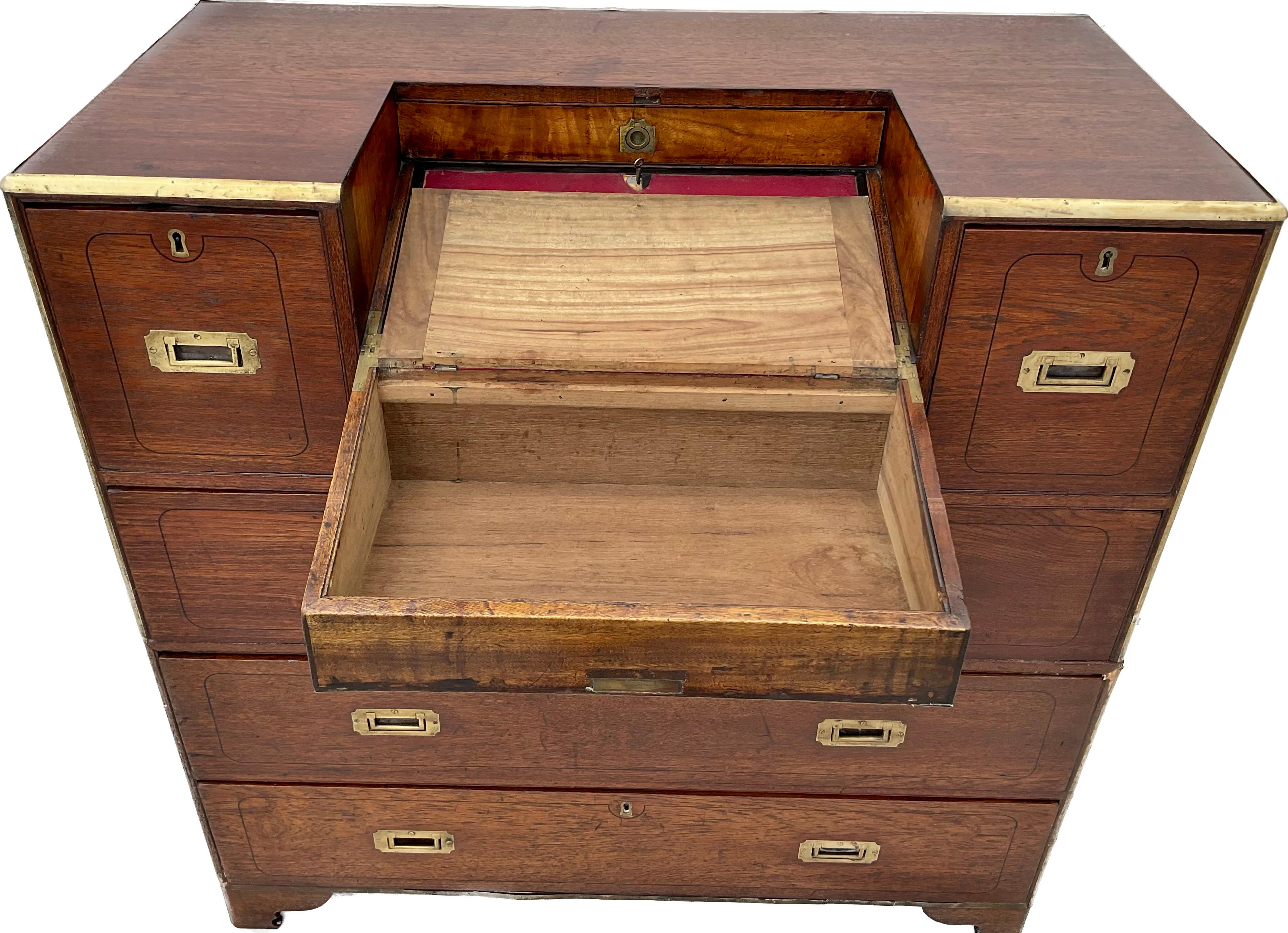 English Campaign Chest With Integrated Writing Desk For Sale 4