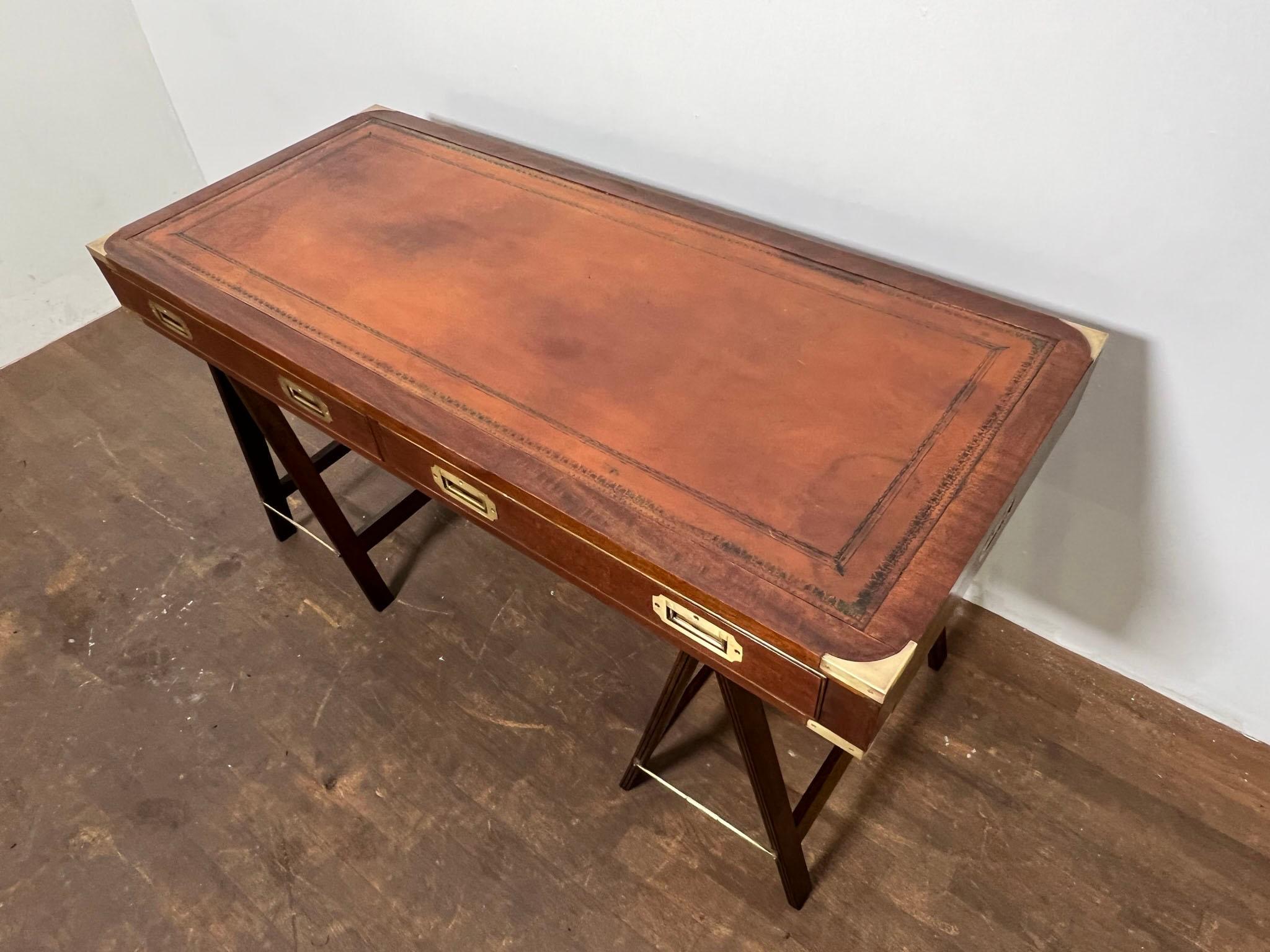 English Campaign Desk With Leather Top Circa 1950s In Good Condition In Peabody, MA