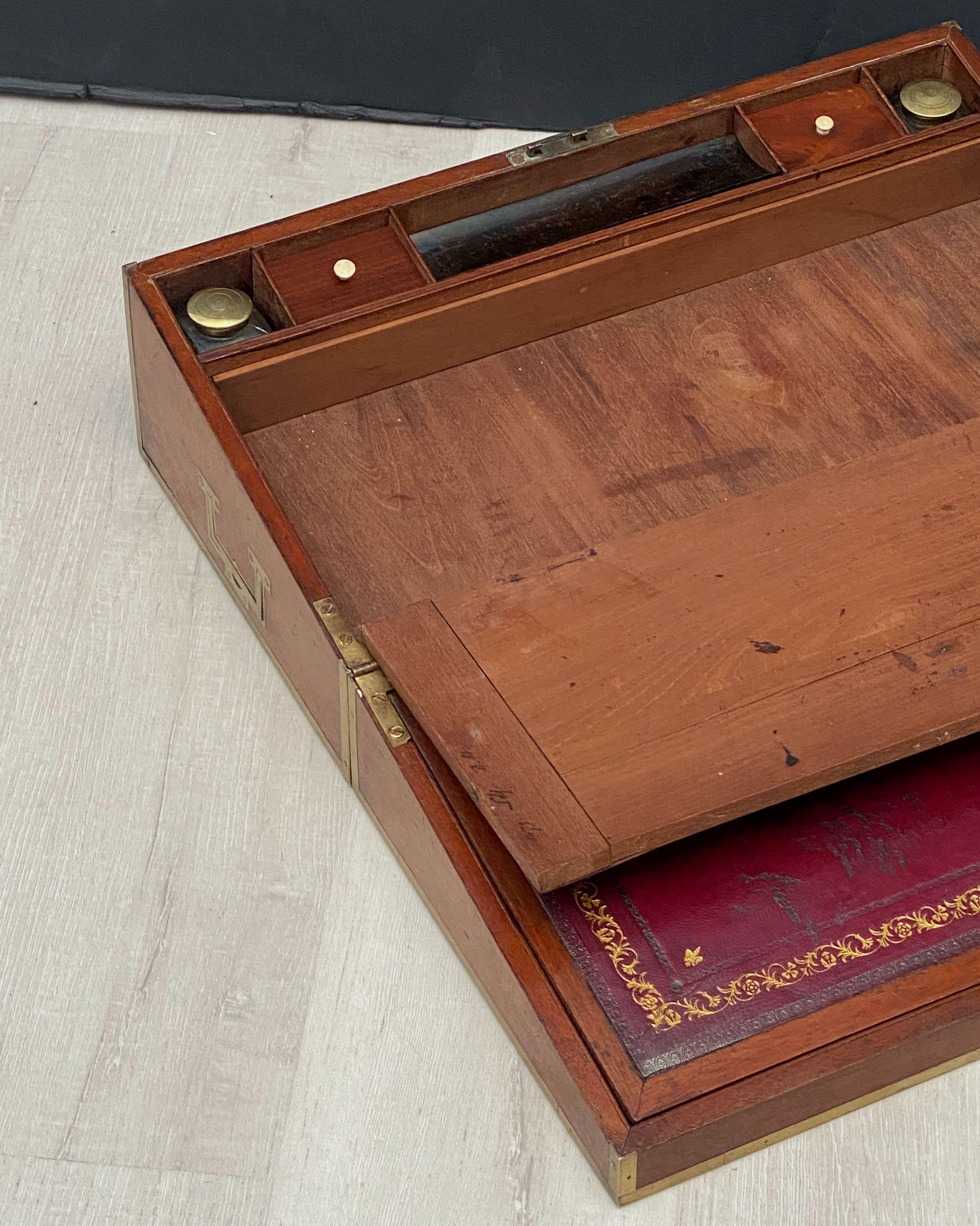 English Campaign Era Writing Box of Brass-Bound Mahogany For Sale 3