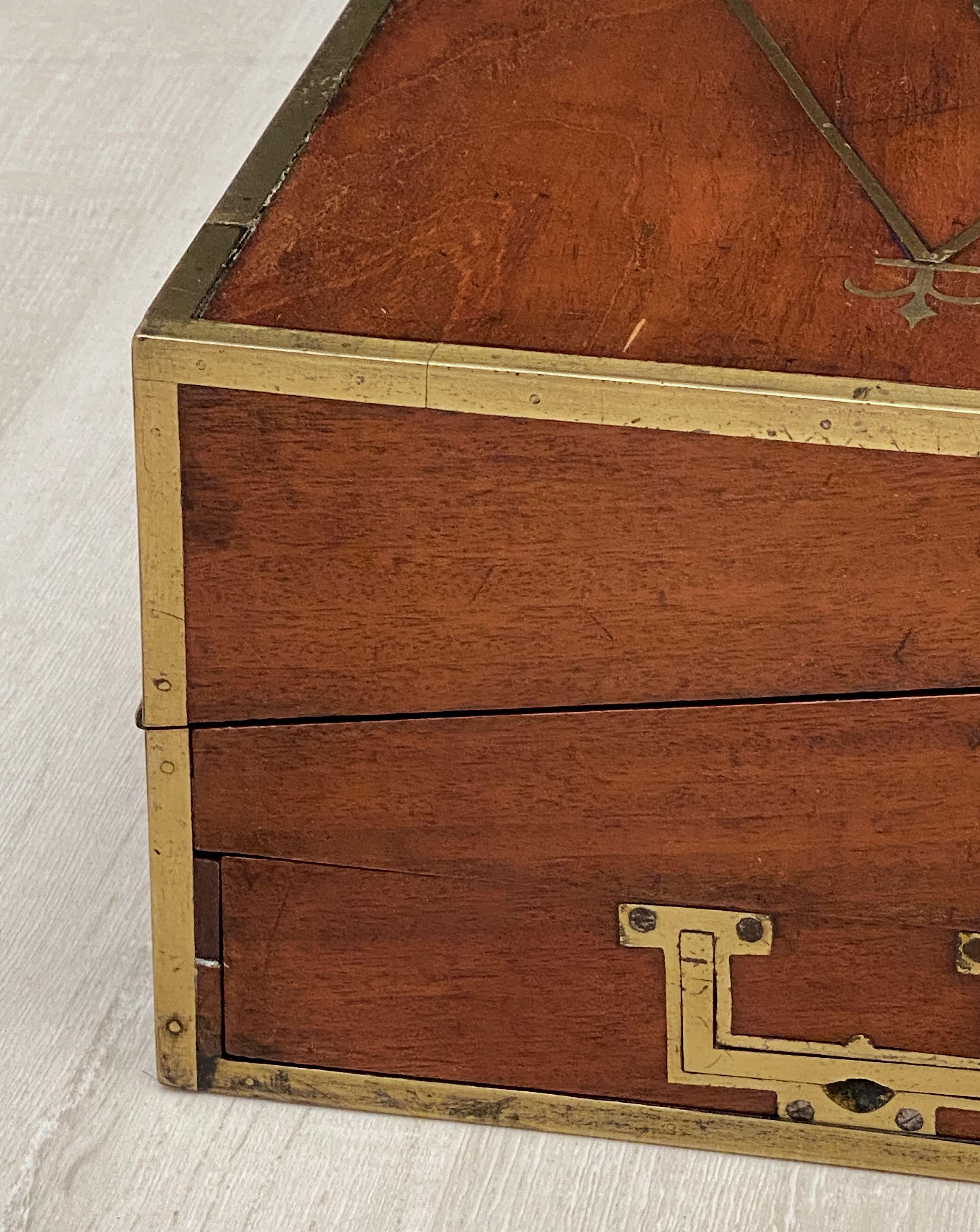 English Campaign Era Writing Box of Brass-Bound Mahogany For Sale 6