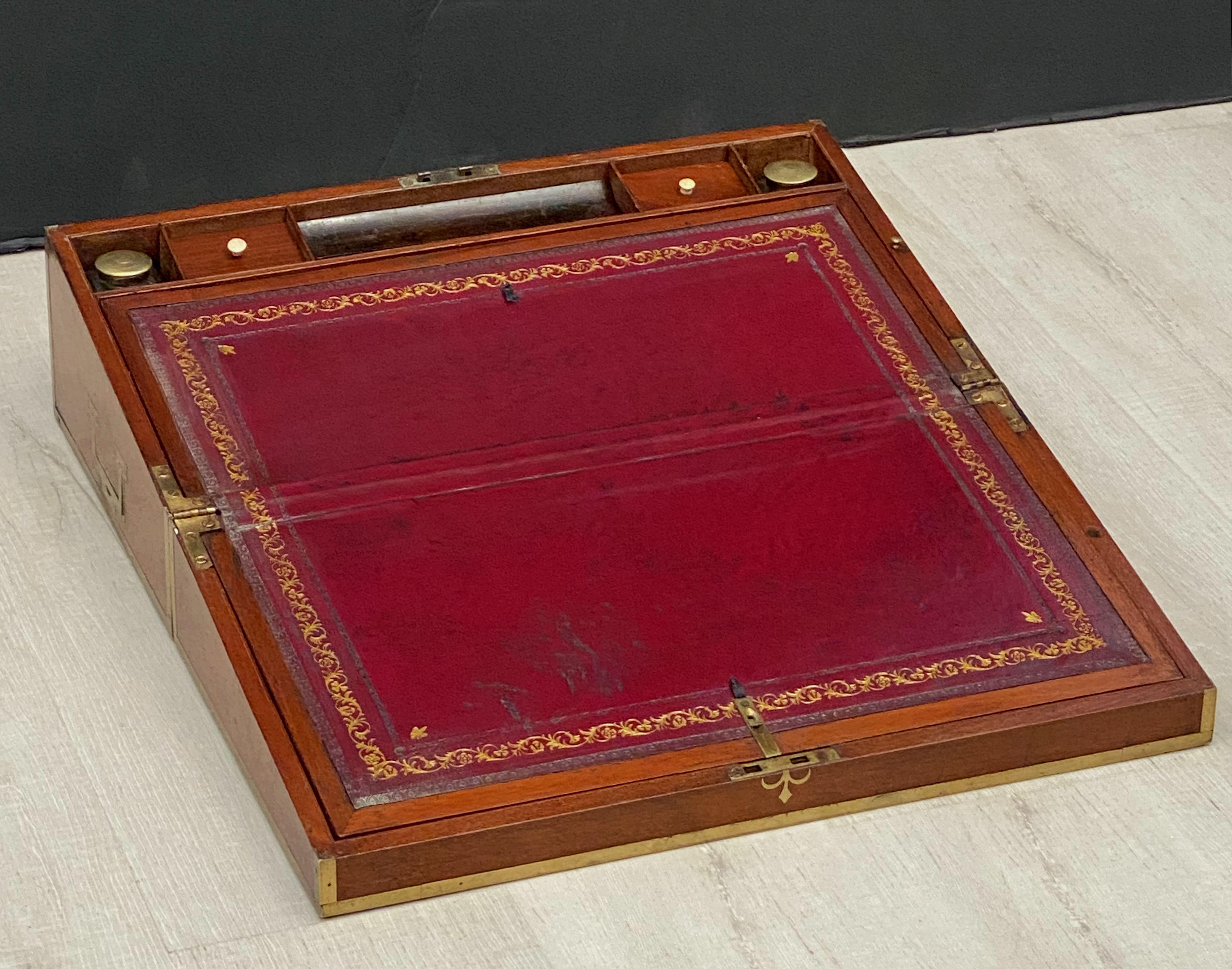 19th Century English Campaign Era Writing Box of Brass-Bound Mahogany For Sale