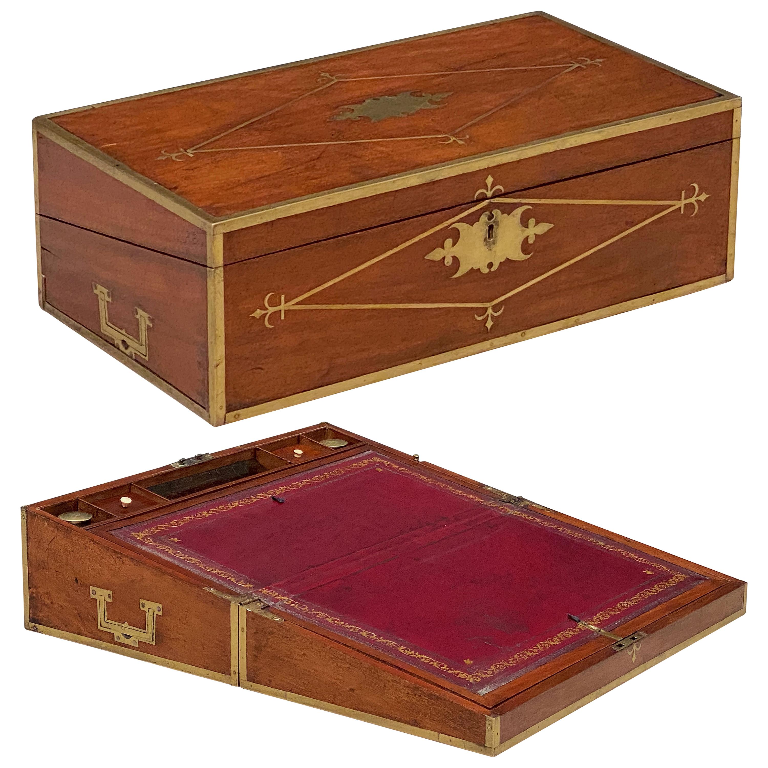 English Campaign Era Writing Box of Brass-Bound Mahogany