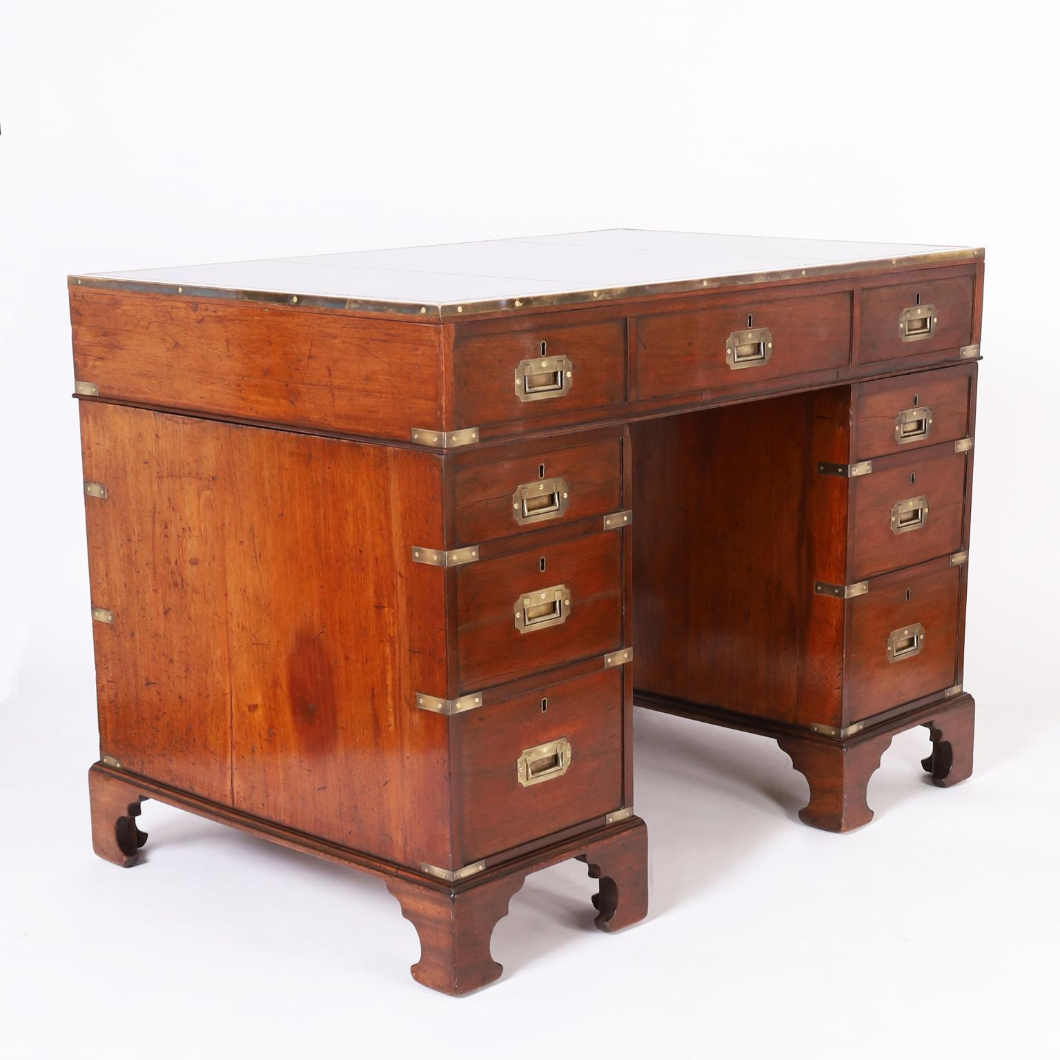 English Campaign Leather Top Desk In Good Condition For Sale In Palm Beach, FL