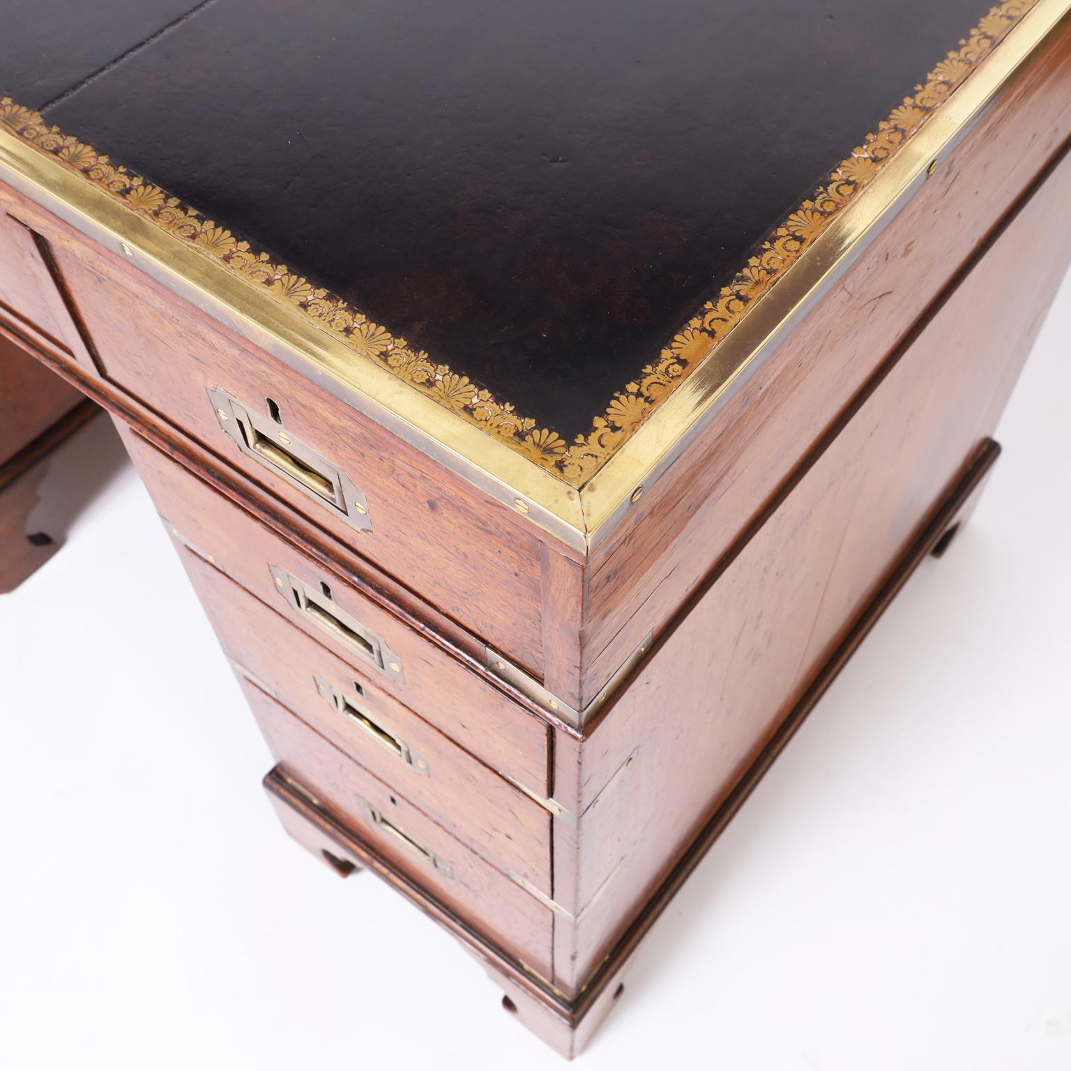 Mahogany English Campaign Leather Top Desk For Sale