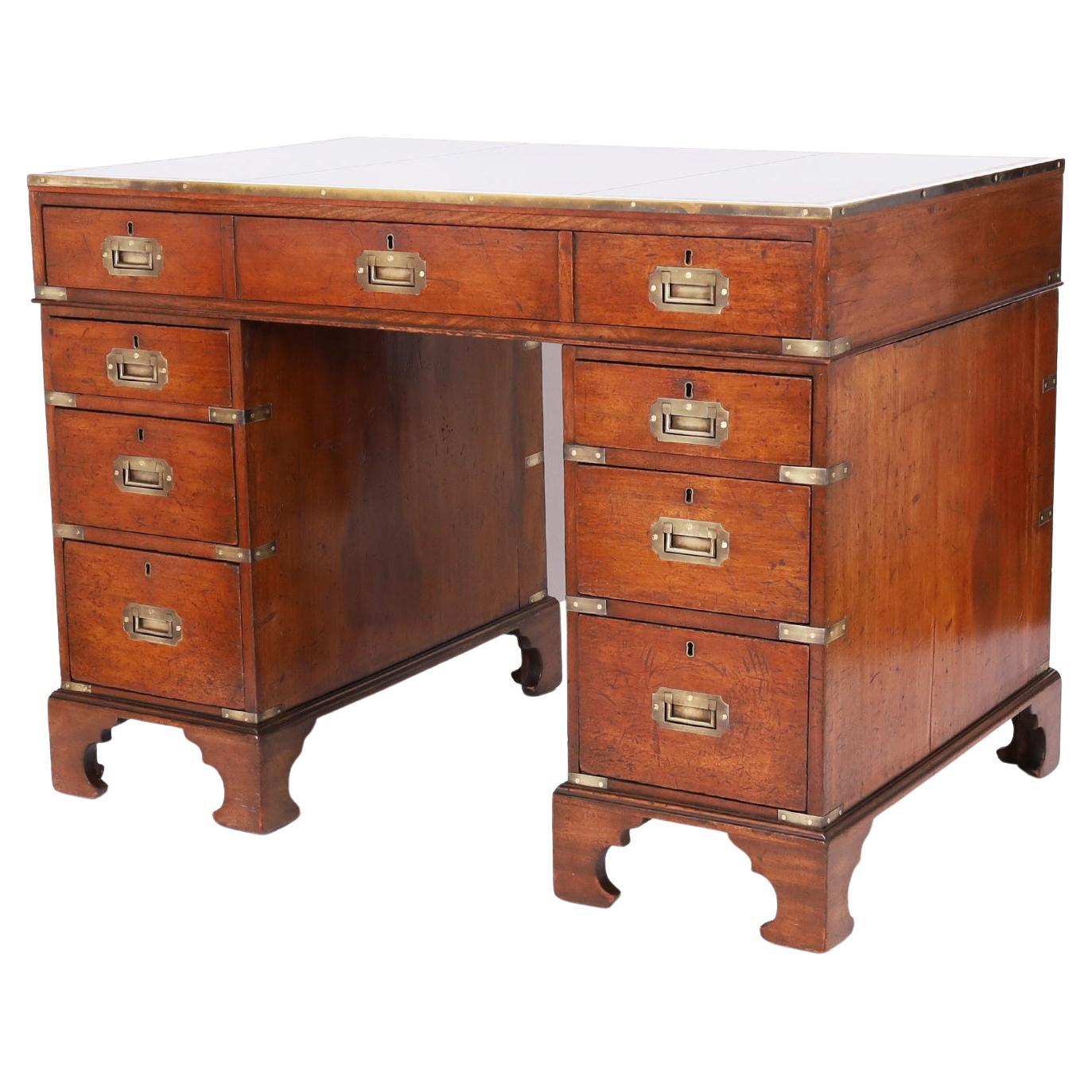 English Campaign Leather Top Desk For Sale
