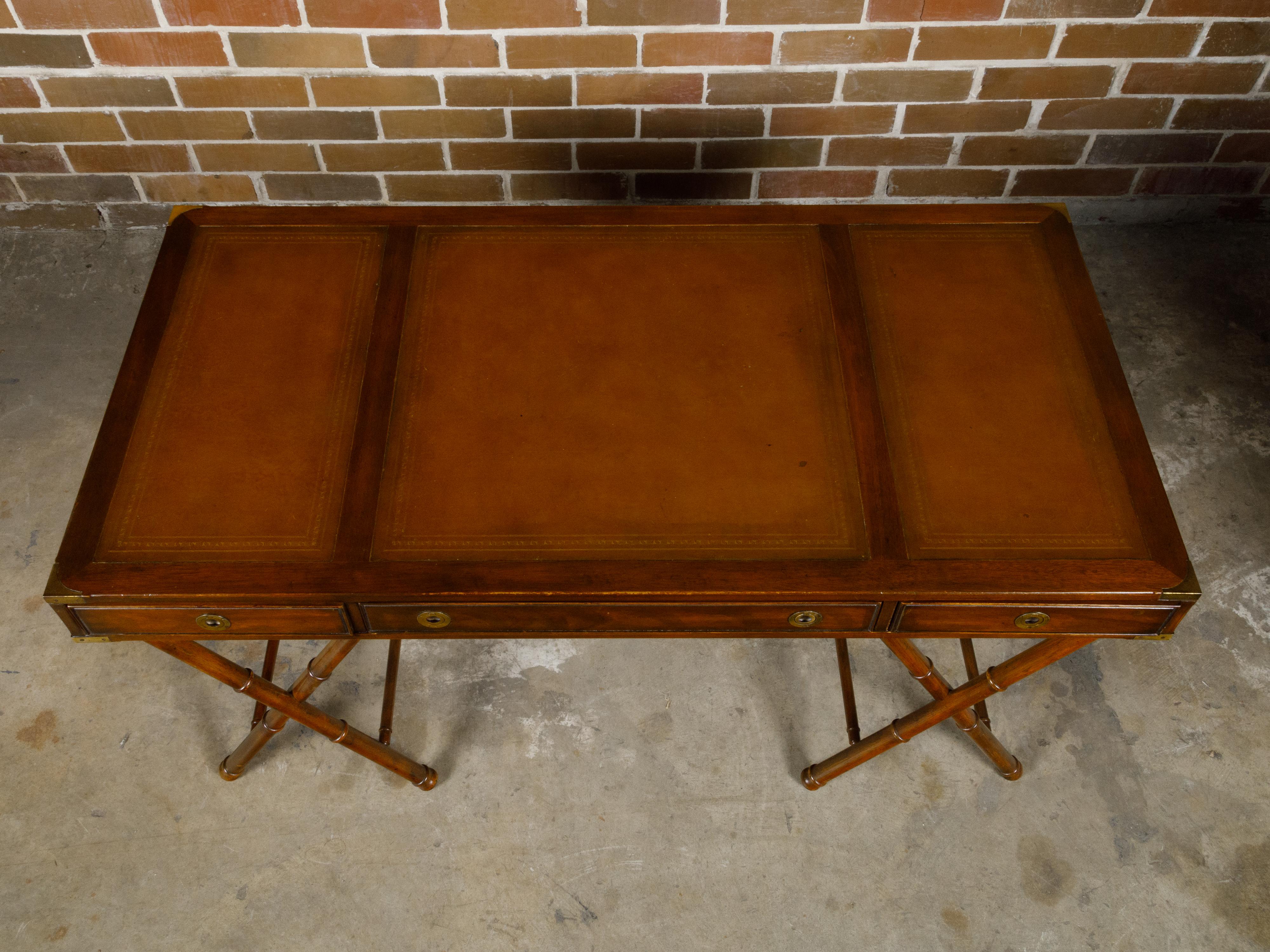 English Campaign Midcentury Desk with Faux Bamboo Base and Leather Top For Sale 6