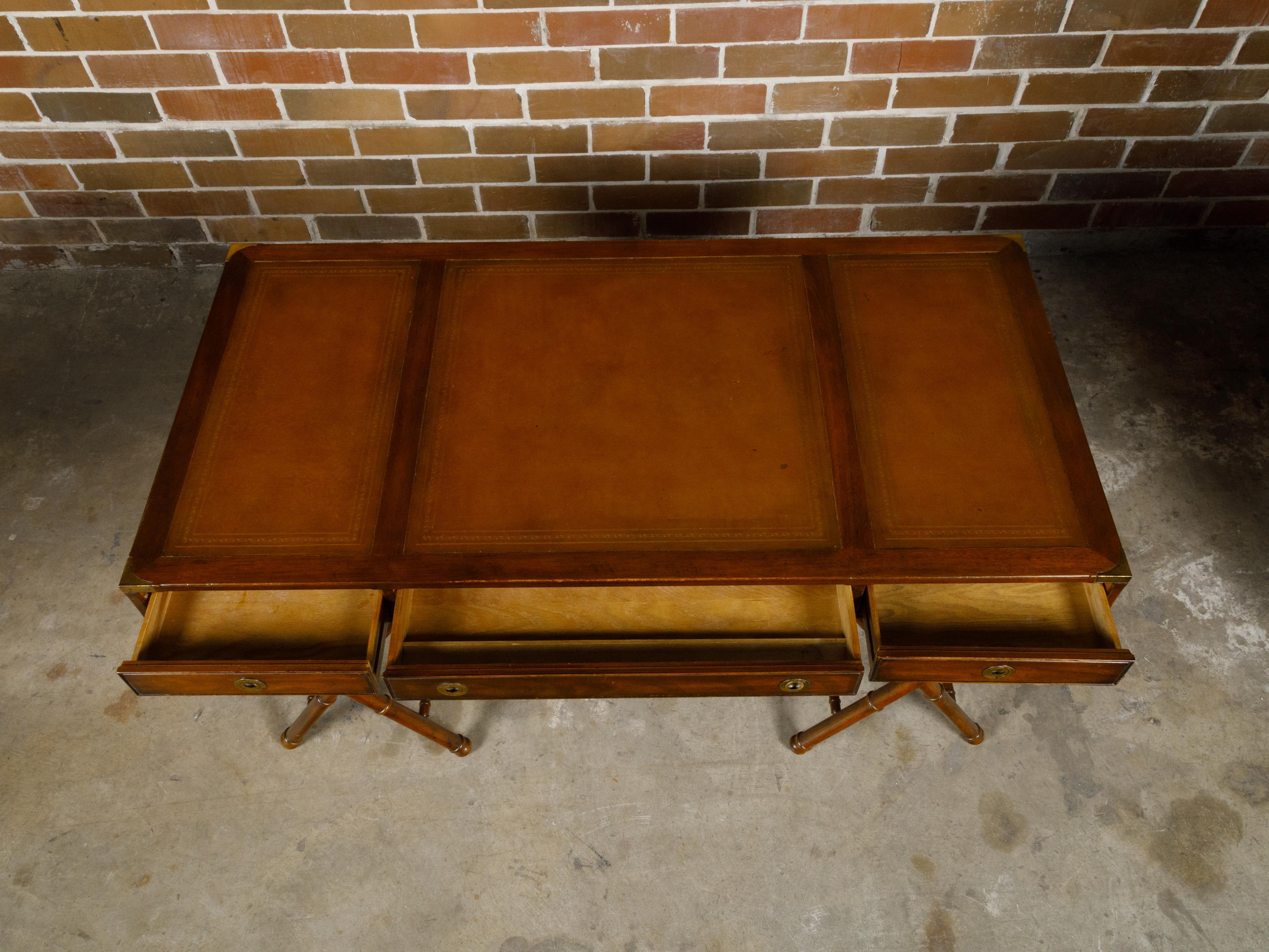 English Campaign Midcentury Desk with Faux Bamboo Base and Leather Top For Sale 7