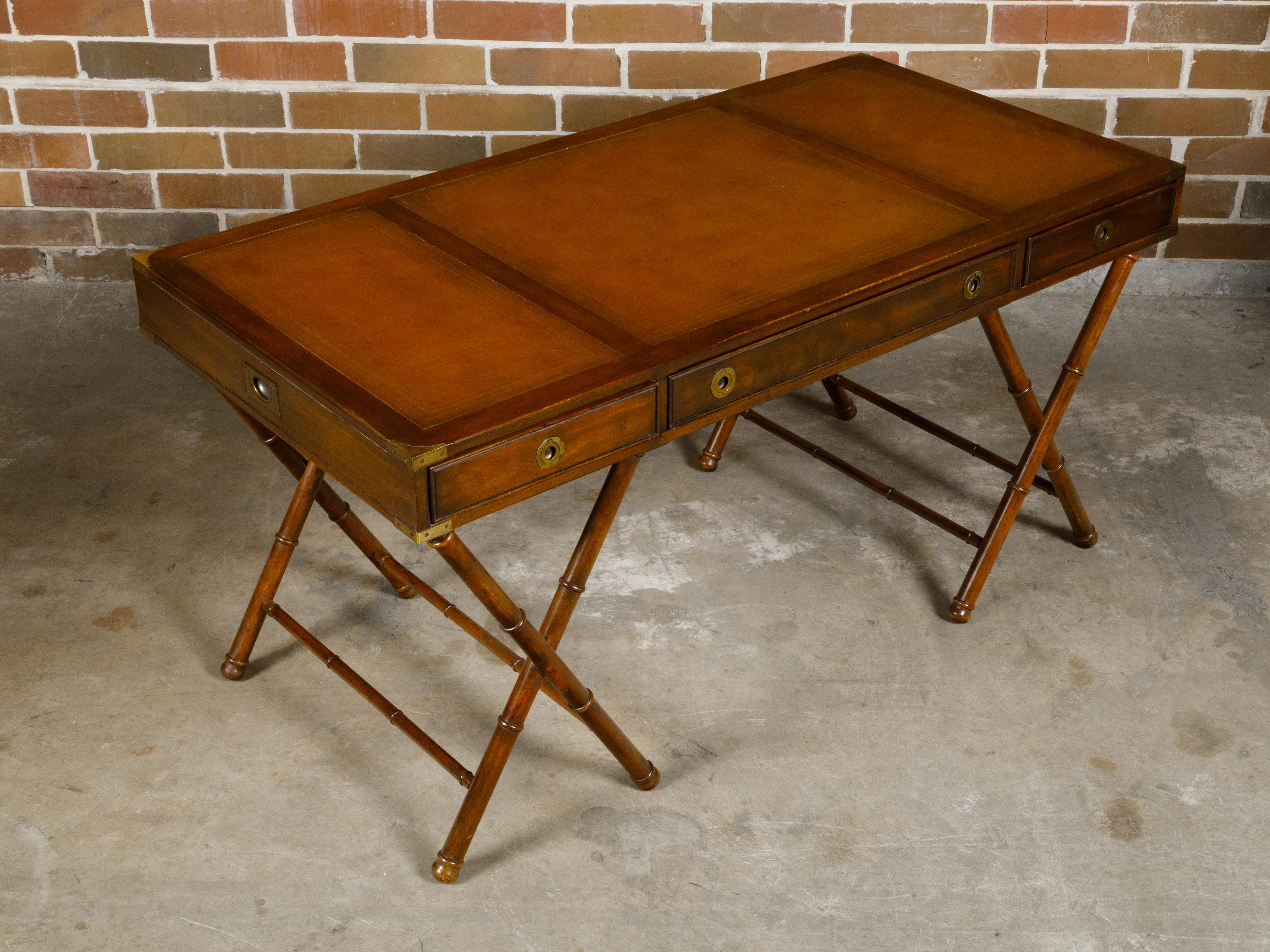 English Campaign Midcentury Desk with Faux Bamboo Base and Leather Top For Sale 8