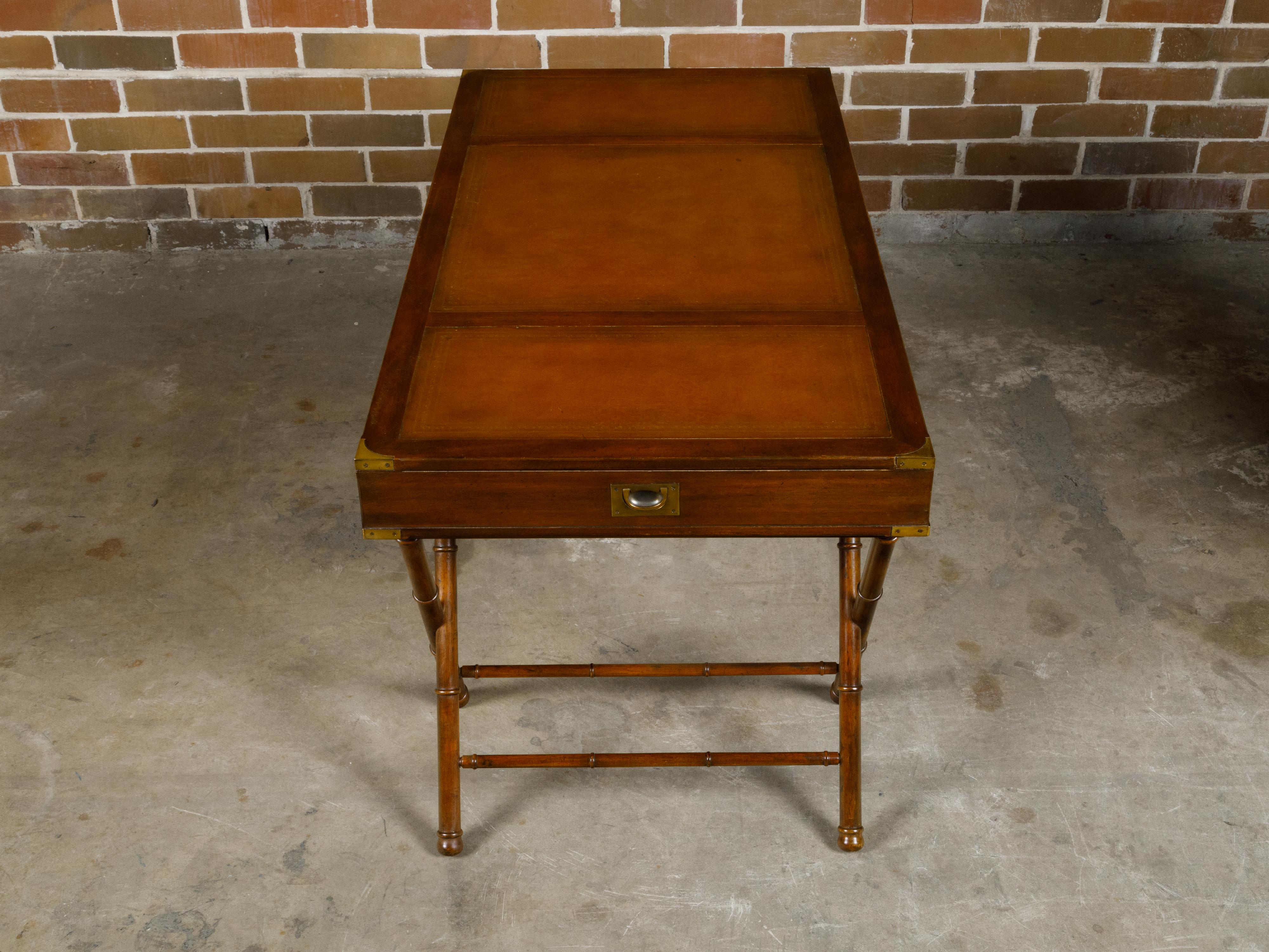 English Campaign Midcentury Desk with Faux Bamboo Base and Leather Top For Sale 9
