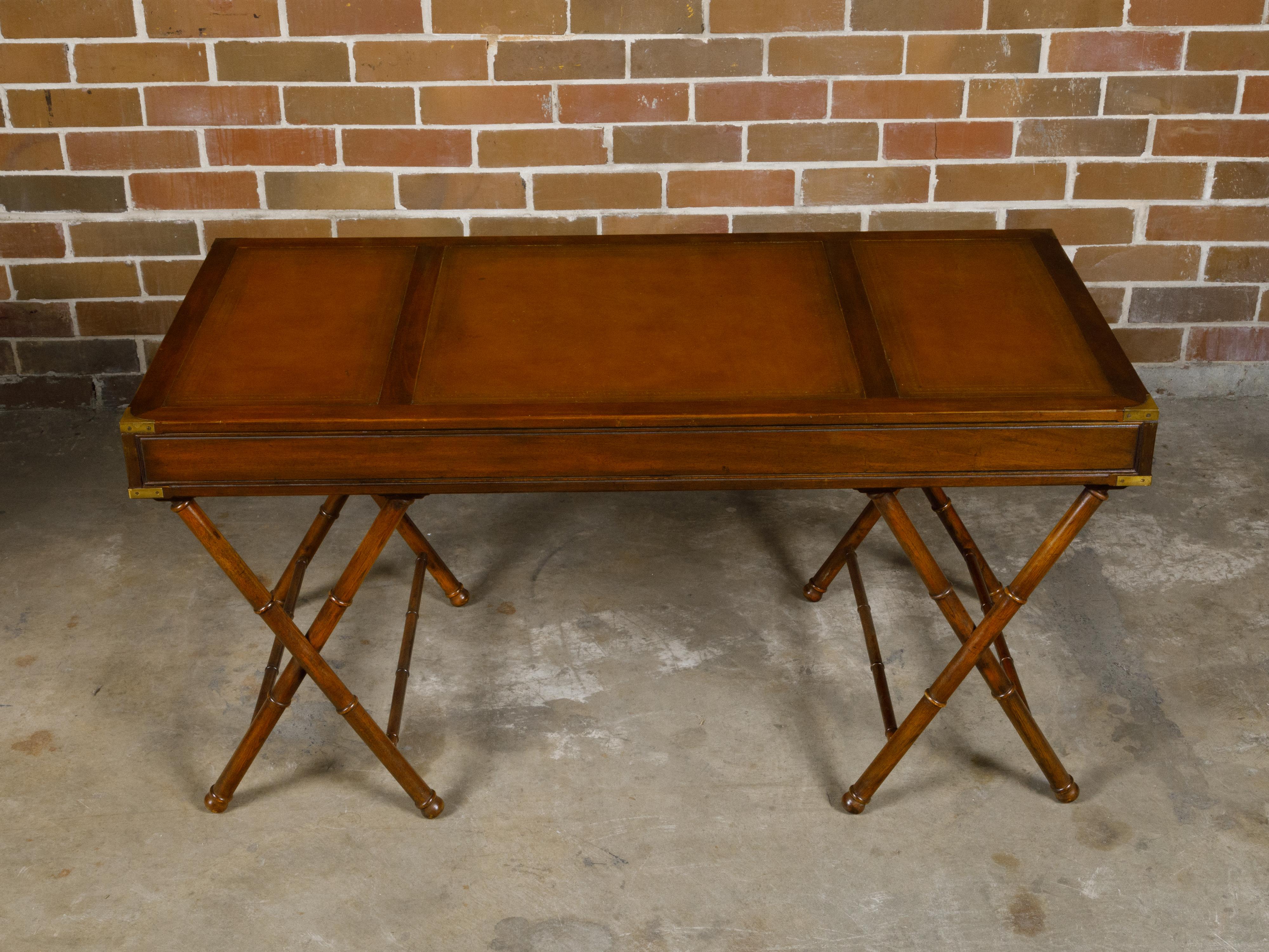 English Campaign Midcentury Desk with Faux Bamboo Base and Leather Top For Sale 10