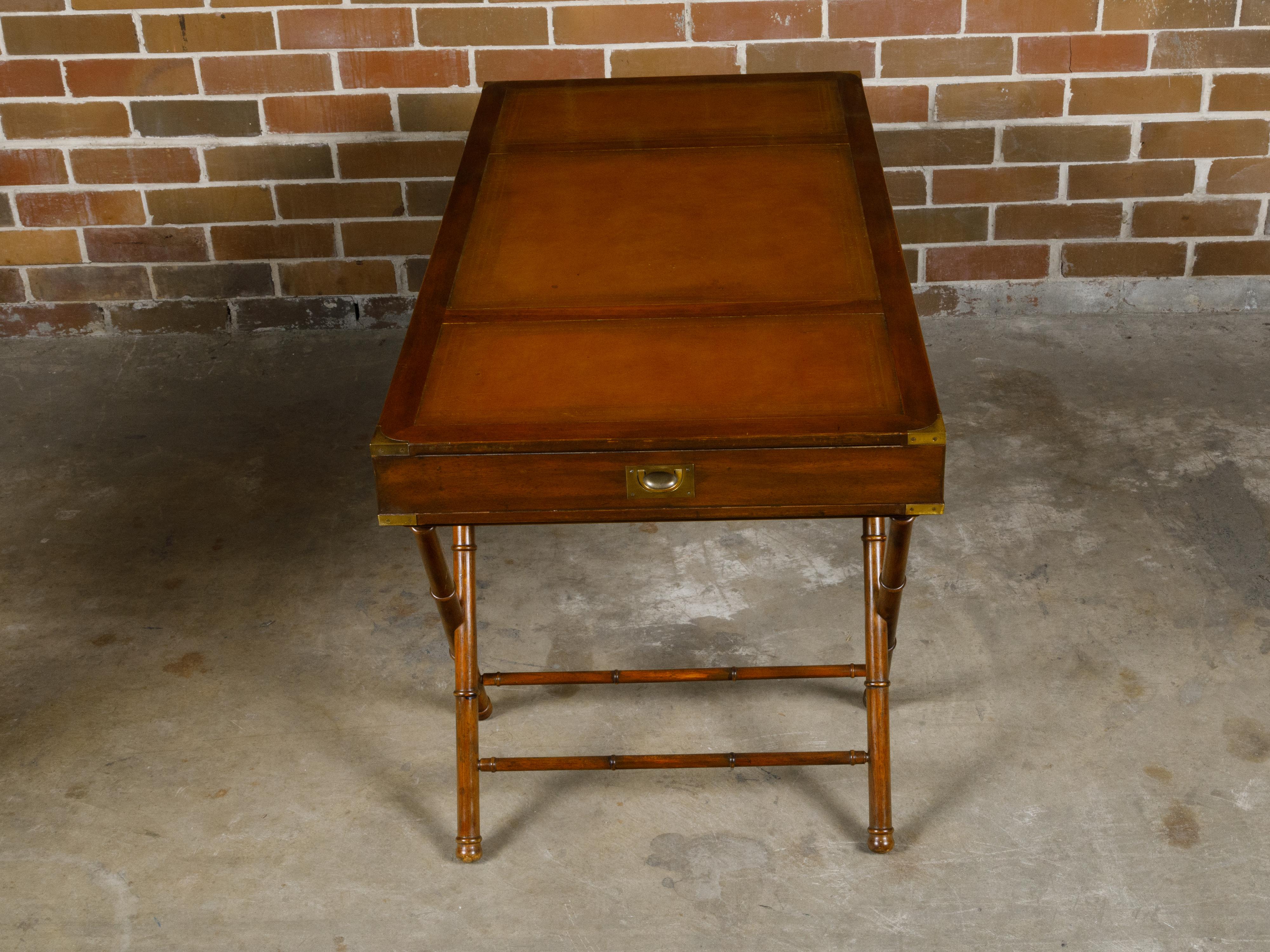 English Campaign Midcentury Desk with Faux Bamboo Base and Leather Top For Sale 11