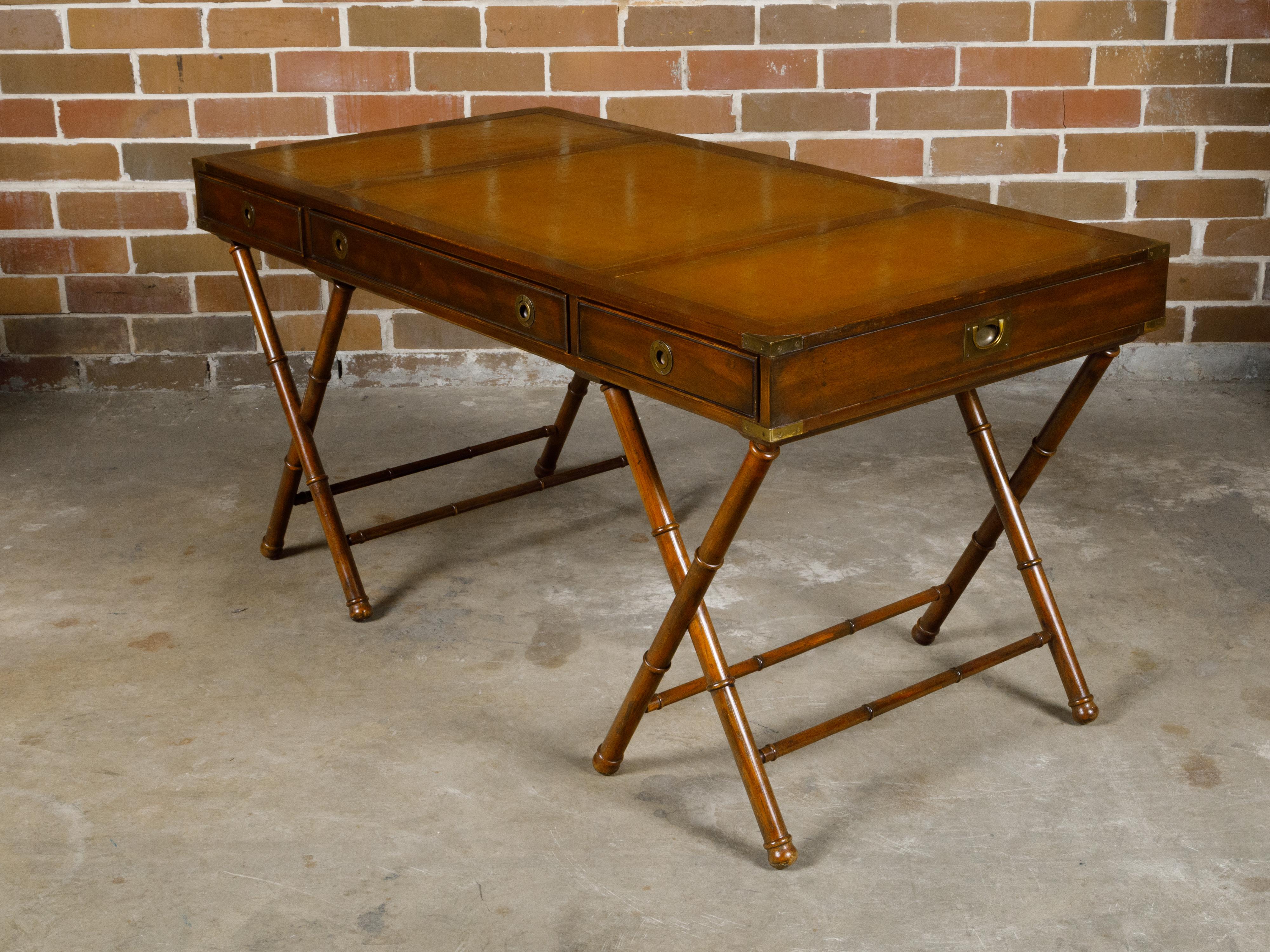 English Campaign Midcentury Desk with Faux Bamboo Base and Leather Top For Sale 12