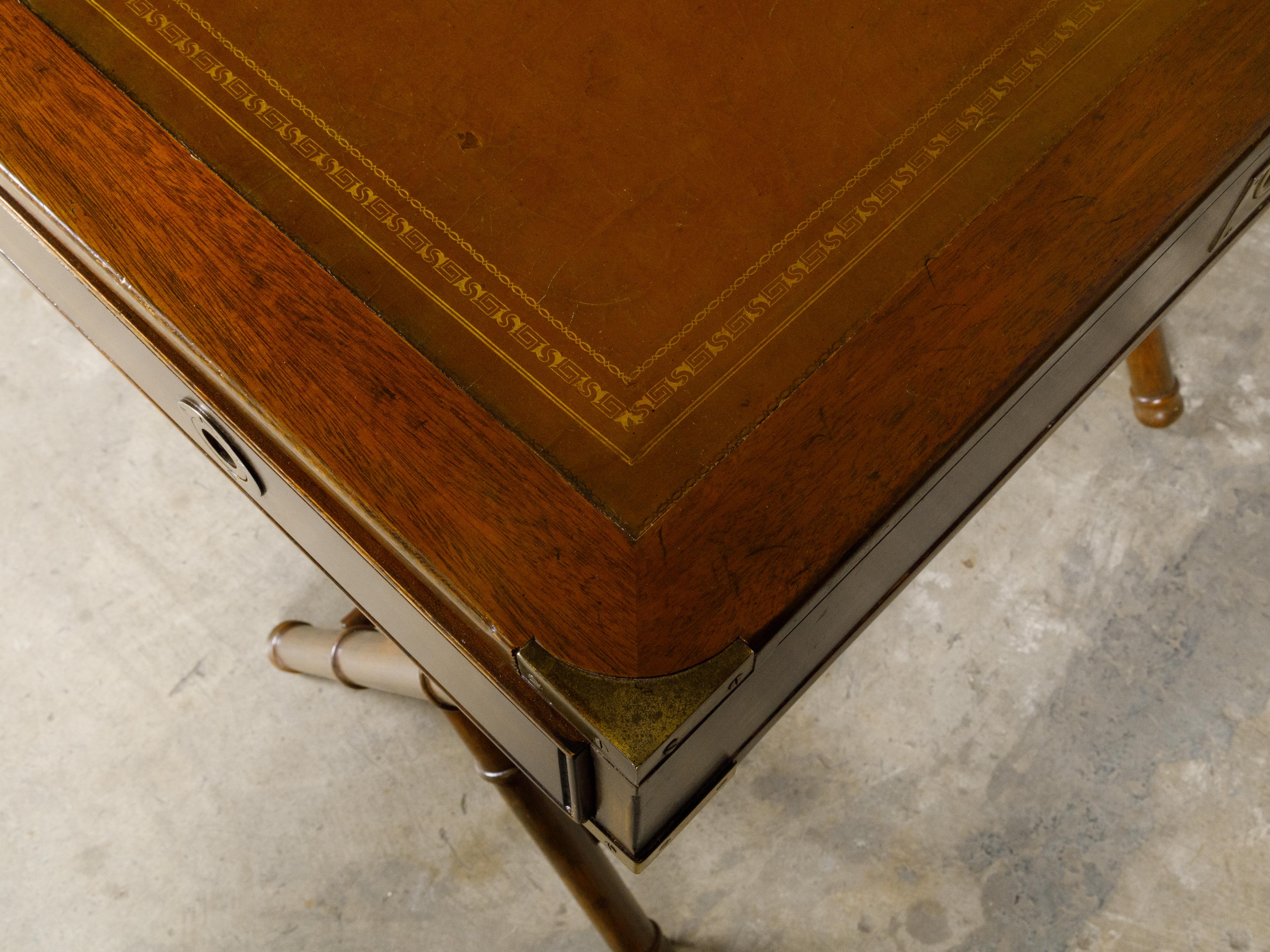 English Campaign Midcentury Desk with Faux Bamboo Base and Leather Top In Good Condition For Sale In Atlanta, GA