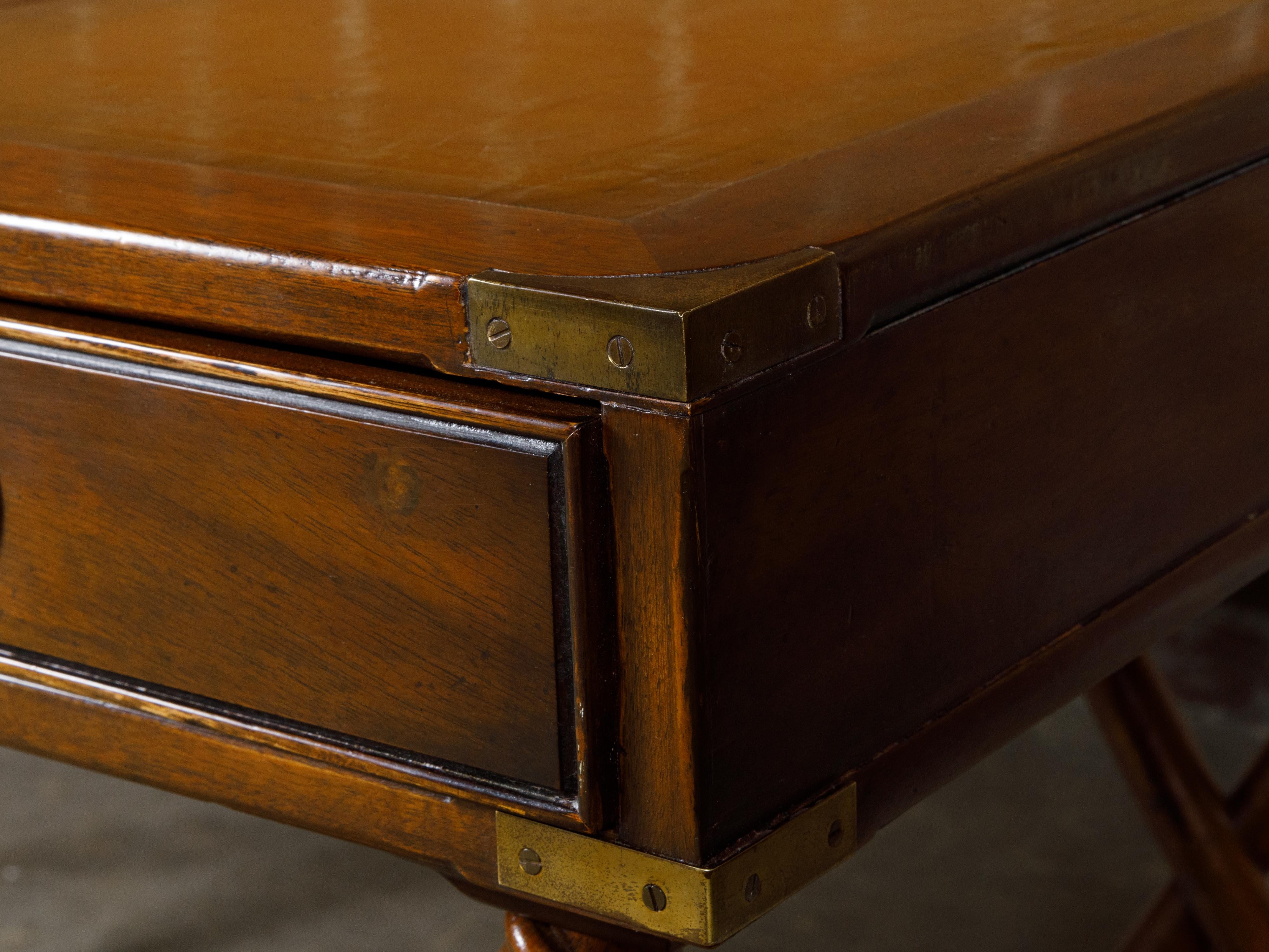 20th Century English Campaign Midcentury Desk with Faux Bamboo Base and Leather Top For Sale