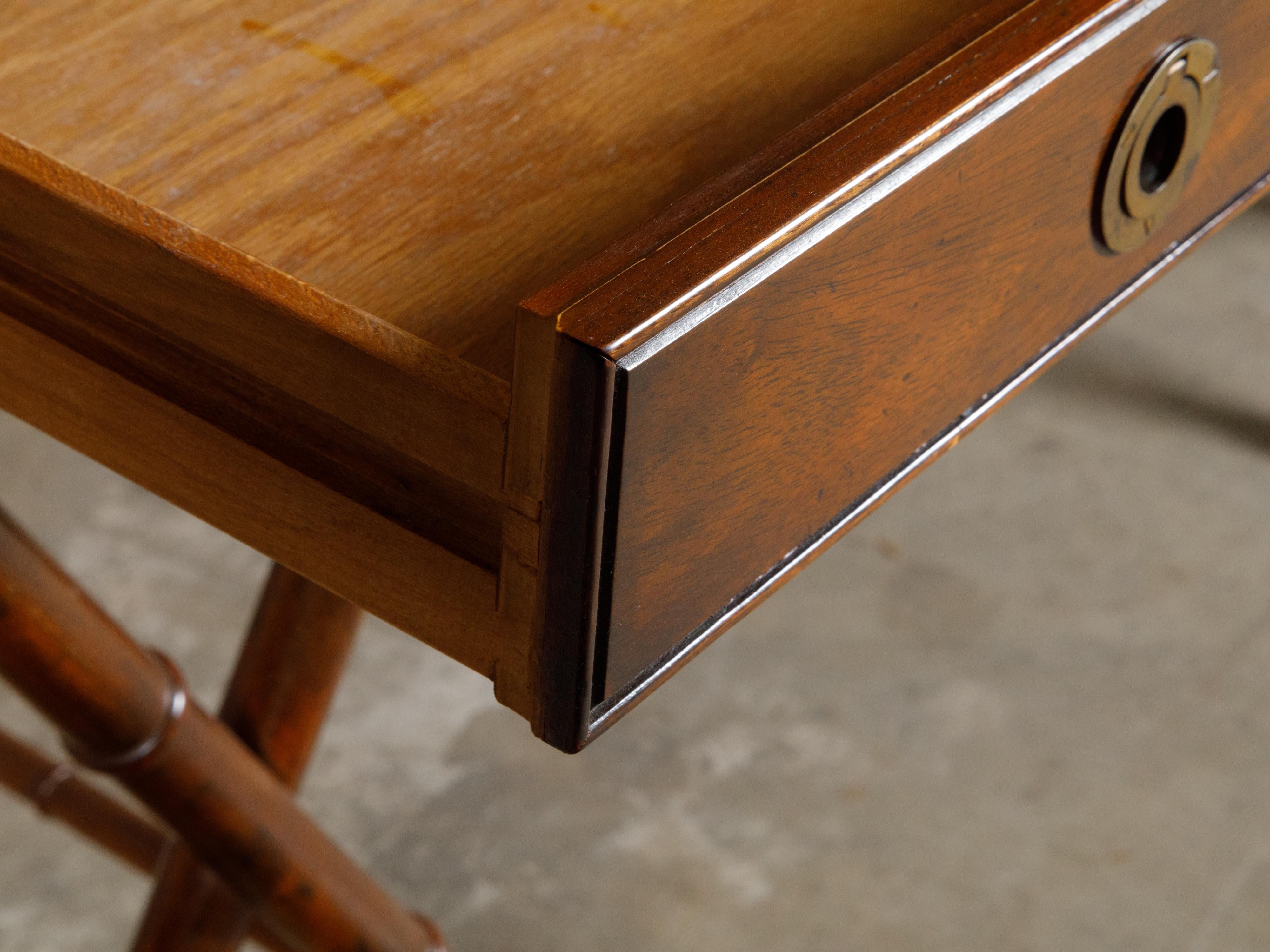 English Campaign Midcentury Desk with Faux Bamboo Base and Leather Top For Sale 5