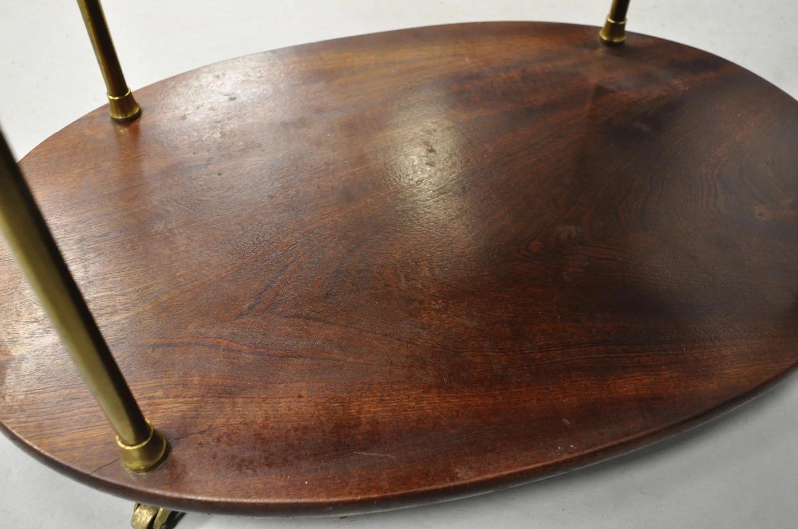 English Campaign Style Mahogany & Brass Oval 3 Tier Rolling Bar Cart Side Table For Sale 5