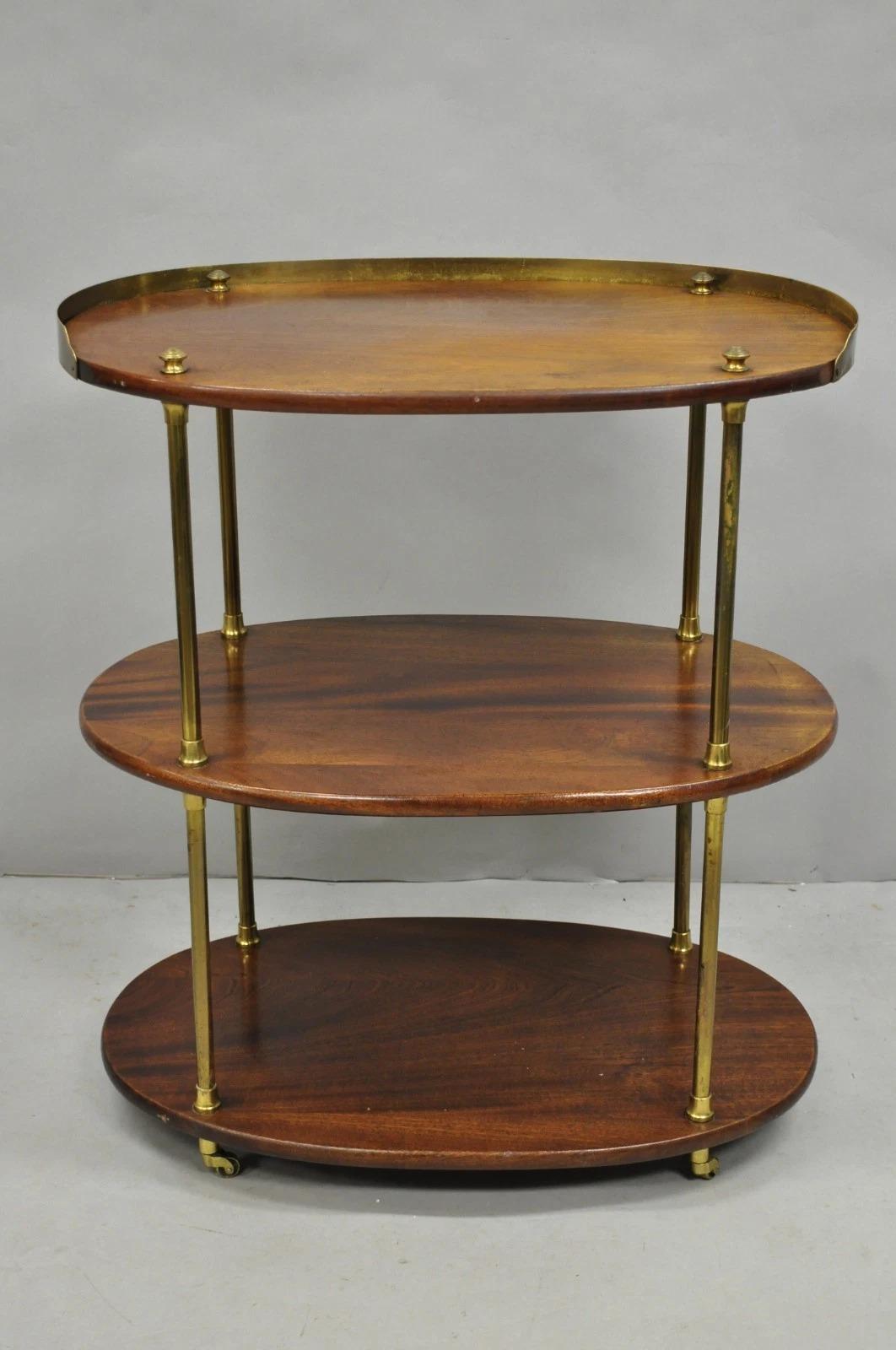 English Campaign Style Mahogany & Brass Oval 3 Tier Rolling Bar Cart Side Table For Sale 7