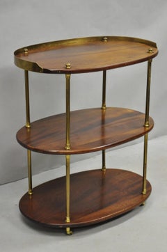 English Campaign Style Mahogany & Brass Oval 3 Tier Rolling Bar Cart Side Table