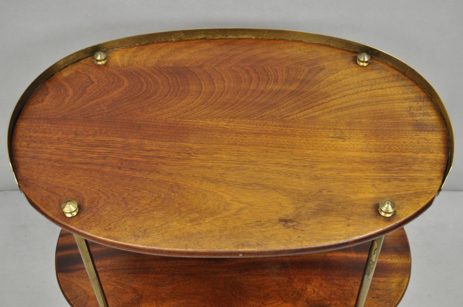 Unknown English Campaign Style Mahogany & Brass Oval 3 Tier Rolling Bar Cart Side Table For Sale